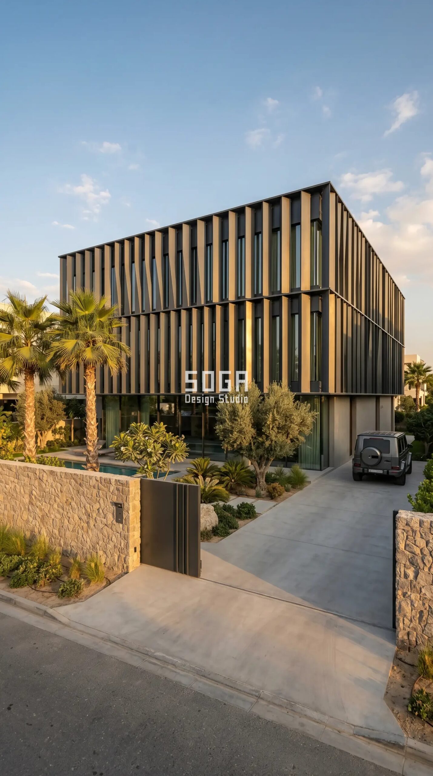 Palm Jumeirah & Emirates Hills Villa Facades 2026 6 Vertical folded fin anthracite parametric villa facade skin concept, luxury villa Emirates Hills Dubai - SOGA Design Studio