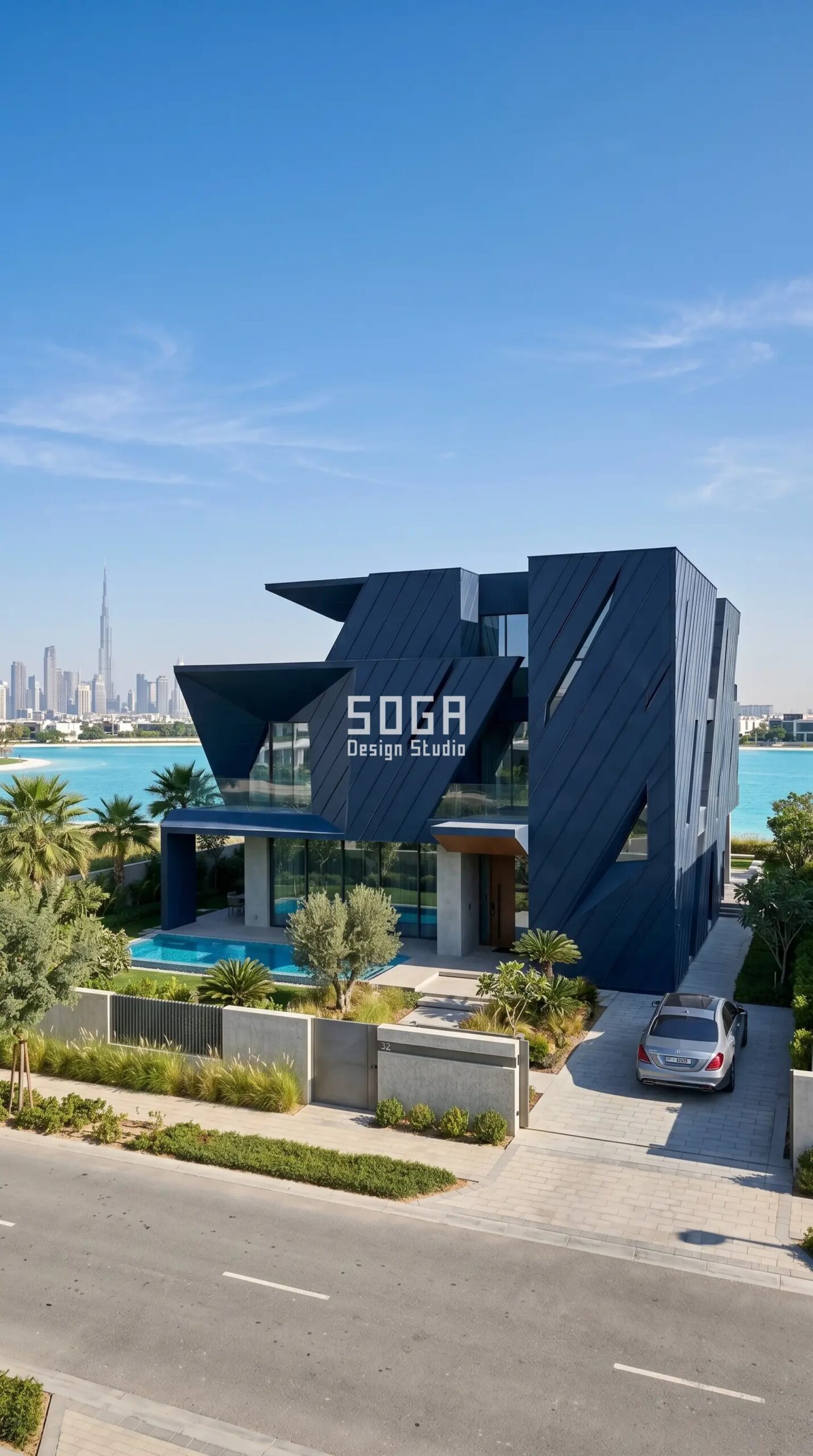 Diagonal slash-cut navy parametric villa facade skin concept, luxury villa District One Dubai - SOGA Design Studio