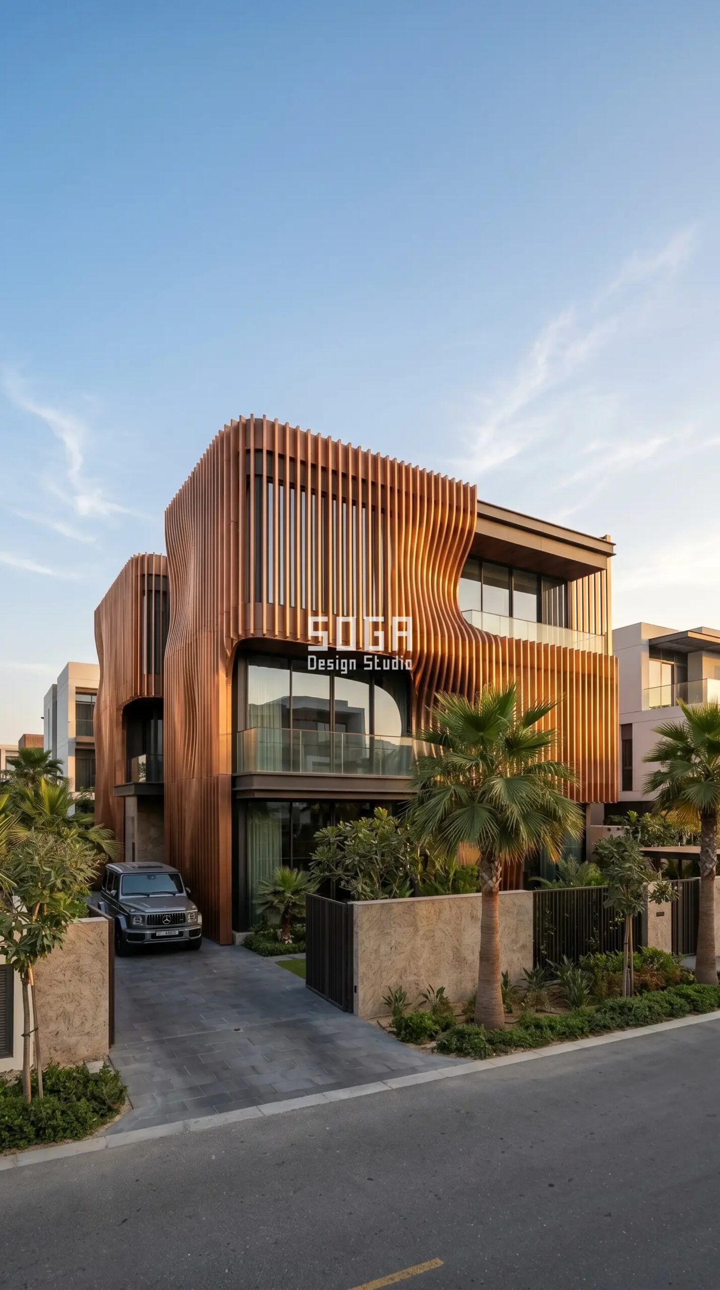Undulating honey copper rib parametric villa facade skin concept, luxury villa Dubai Hills Estate Dubai - SOGA Design Studio