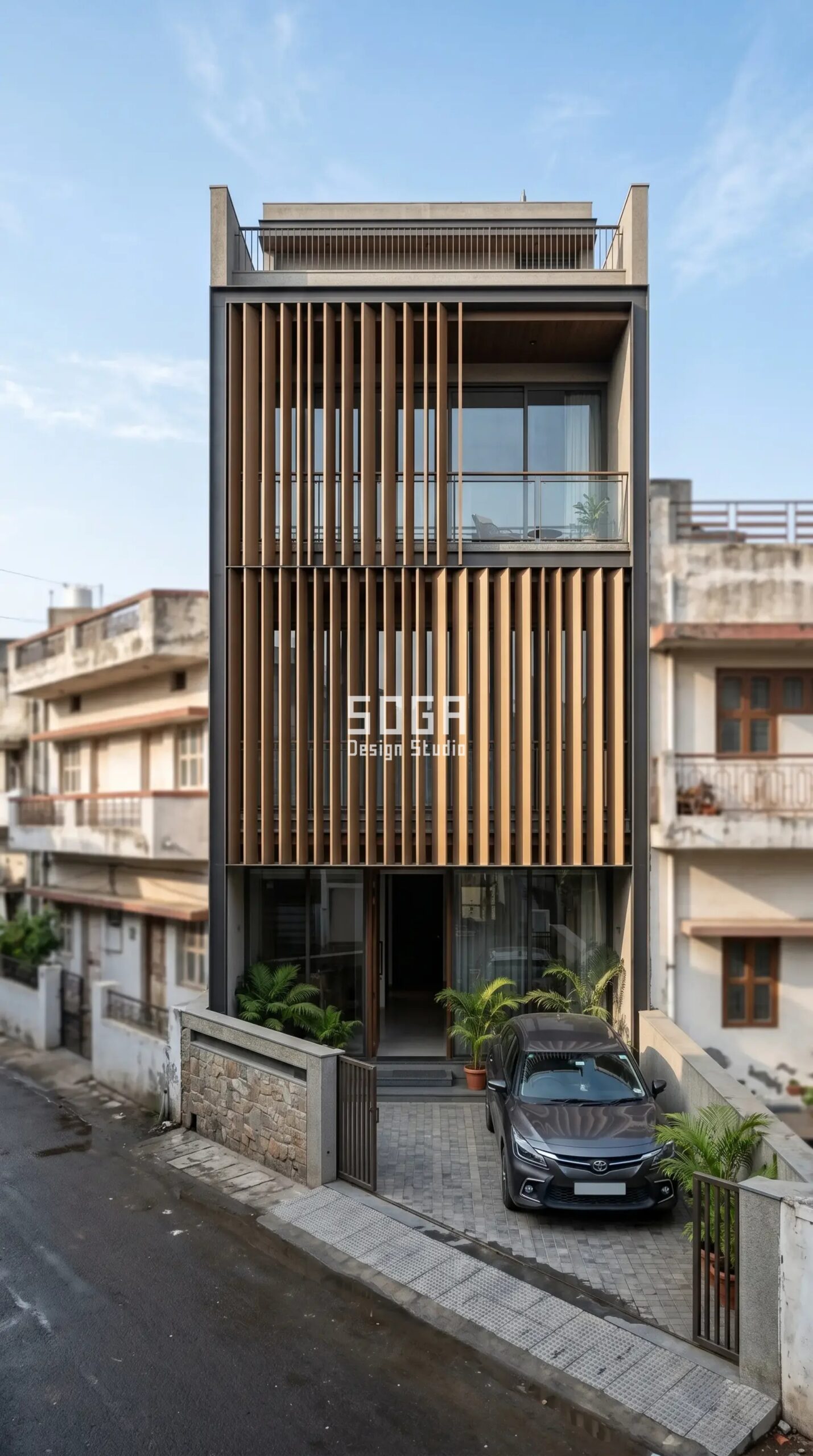 Duplex House Front Elevation Design: 20, 25 & 30 Feet Plot Ideas 6 duplex 20 feet front elevation design narrow plot vertical fins India