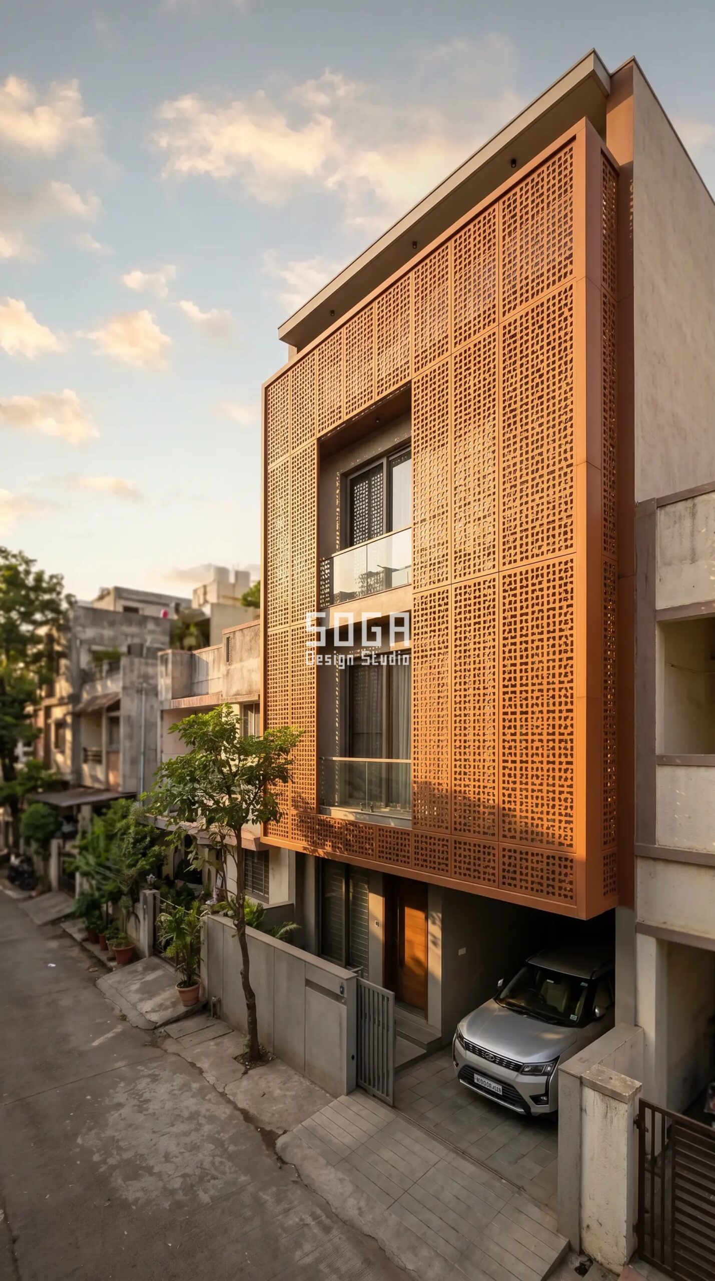 Duplex House Front Elevation Design: 20, 25 & 30 Feet Plot Ideas 4 narrow duplex with SOGA terracotta perforated jaali screen Pune India