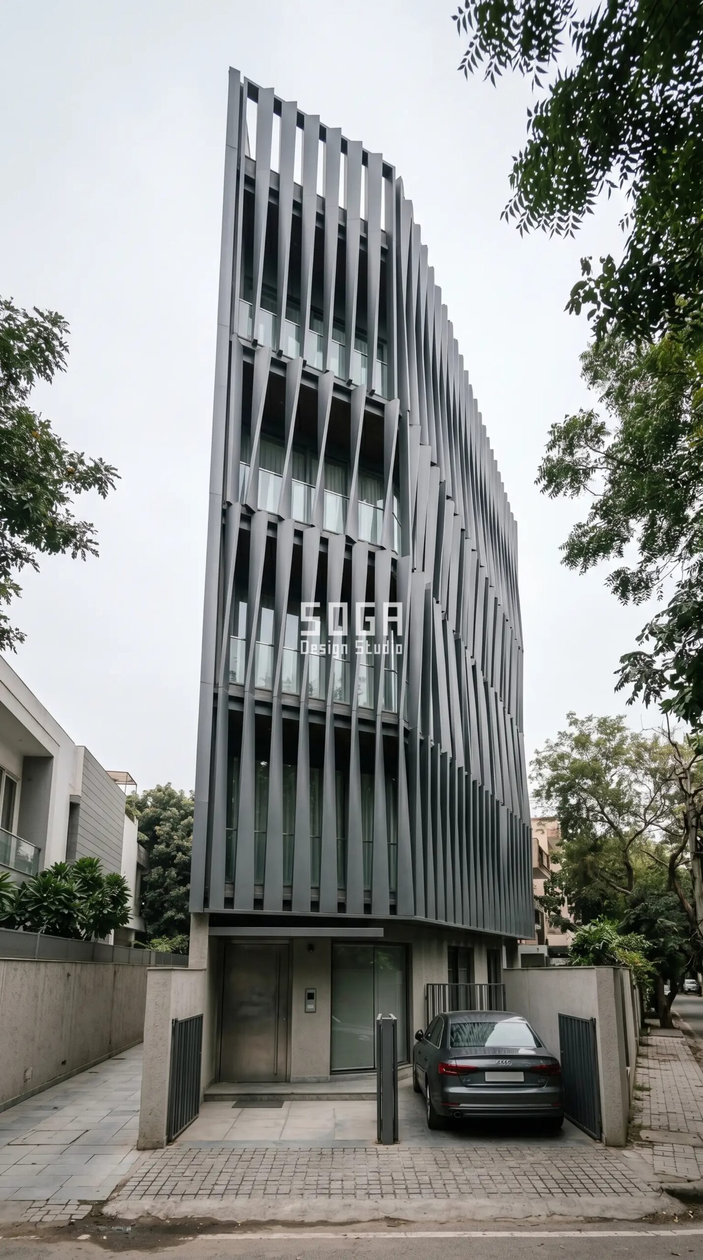 Duplex House Front Elevation Design: 20, 25 & 30 Feet Plot Ideas 6 SOGA Design Studio twisted vertical fin facade tall narrow building India