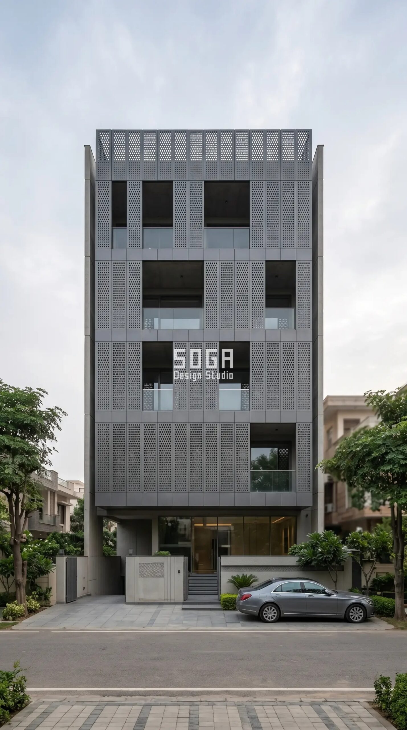 SOGA parametric perforated metal screen facade density varies by sun India