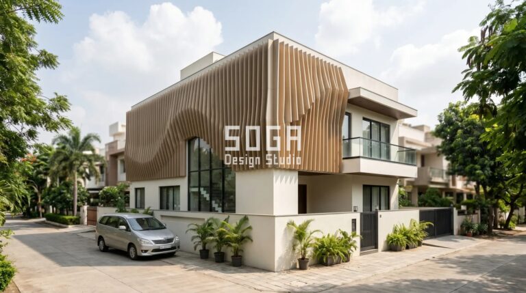 Front Elevation Design for Double Floor House: 25+ Modern Ideas for 2026 2 parametric metal fin front elevation design double floor house India