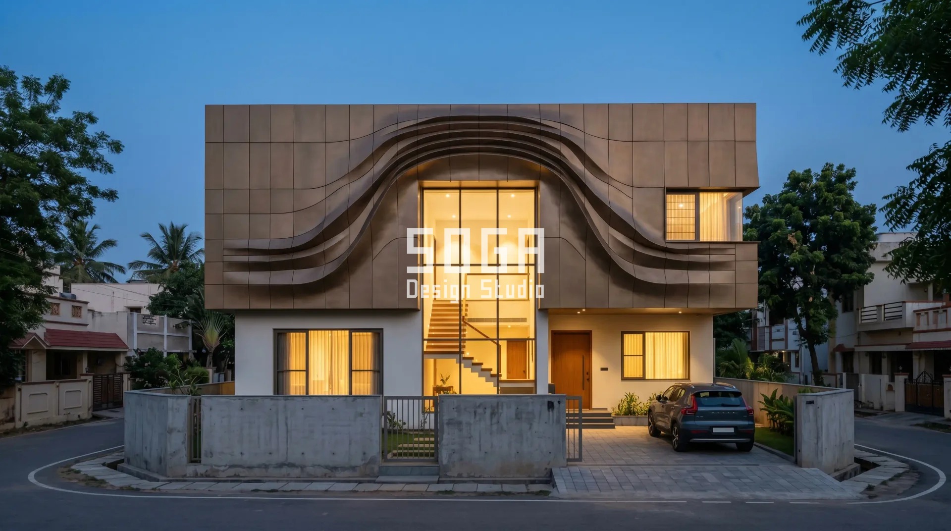 Front Elevation Design for Double Floor House: 25+ Modern Ideas for 2026 5 double floor house front elevation with parametric wave metal facade at dusk India