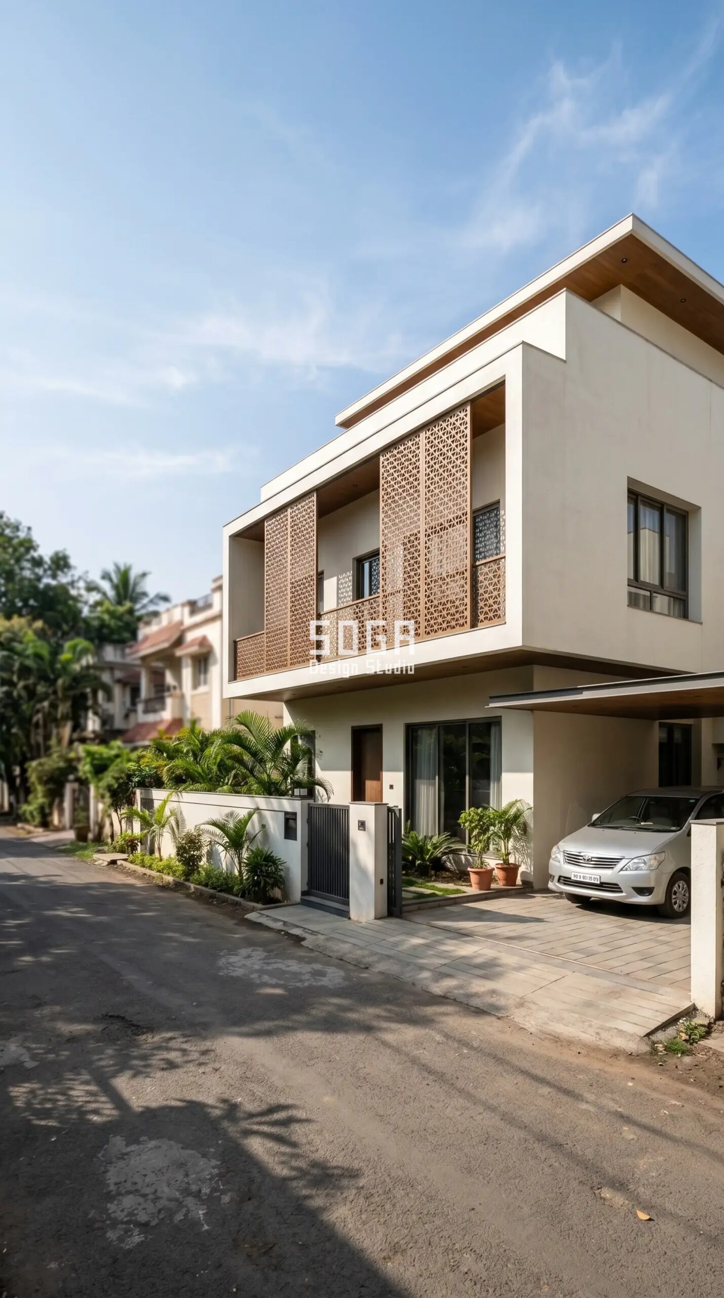 Front Elevation Design Double Floor with Balcony: Privacy + Style 2 front elevation design double floor with balcony screened for privacy India
