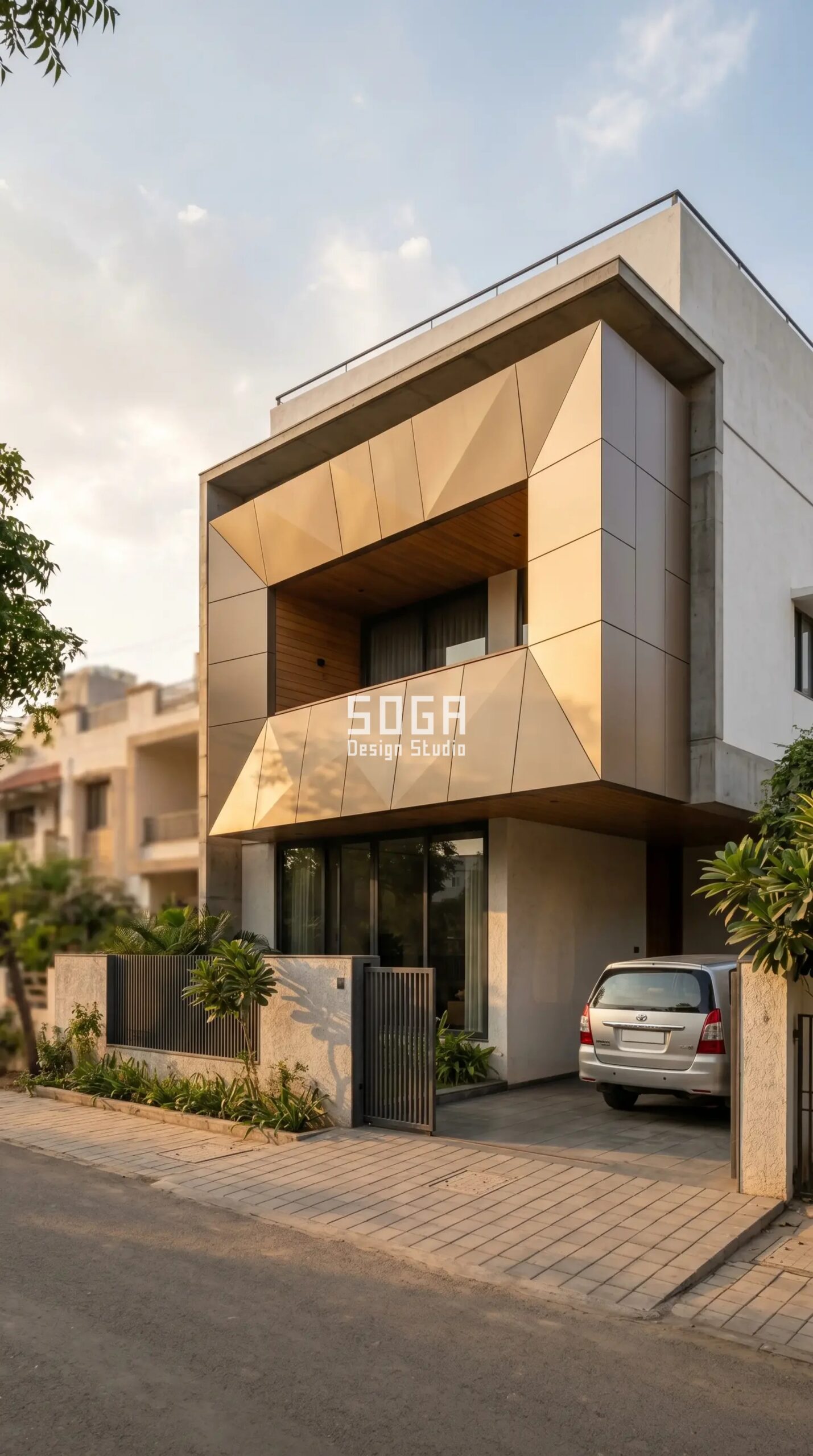 double floor balcony with SOGA faceted metal panel facade Ahmedabad India