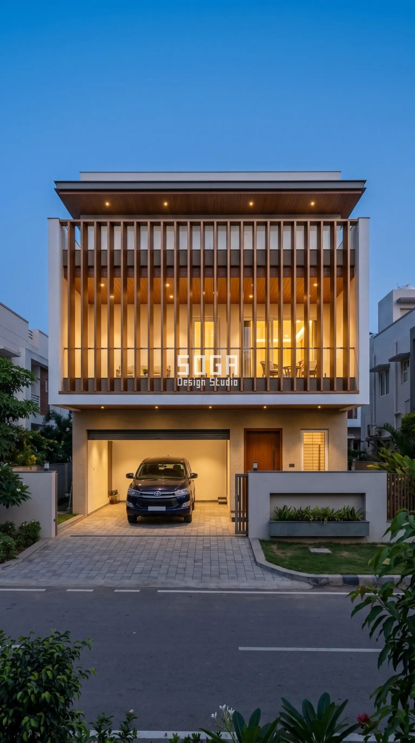 double floor balcony with glowing jaali screen at night privacy style India