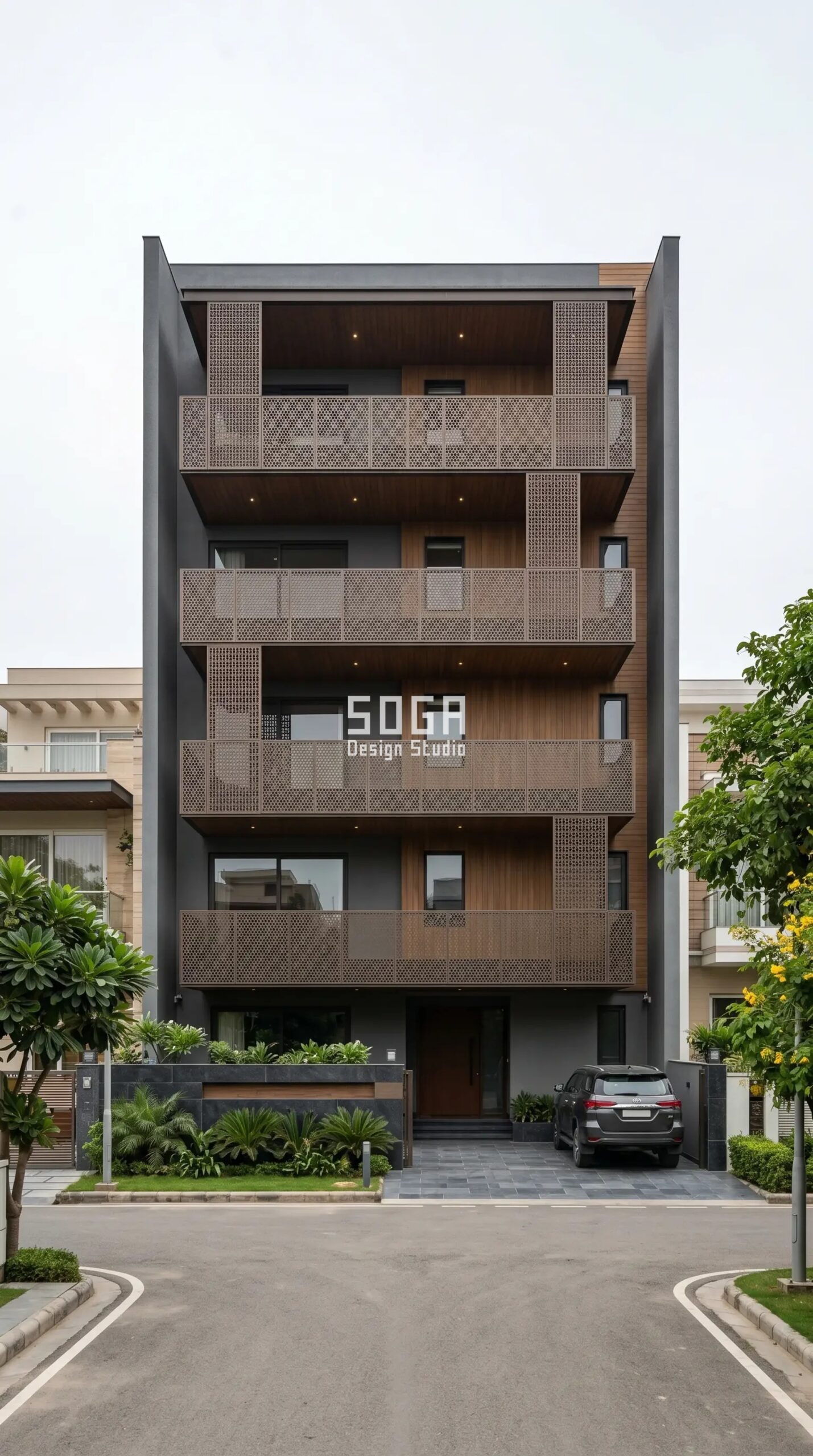 SOGA Design Studio stacked balconies with parametric privacy screens India