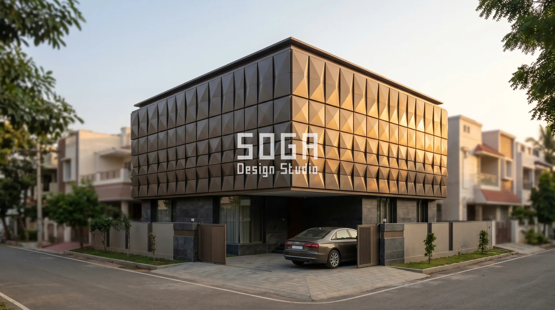Front Elevation Design for Single Floor House : Simple & Modern Ideas 2 single floor home front elevation with SOGA 3D faceted metal panel facade India