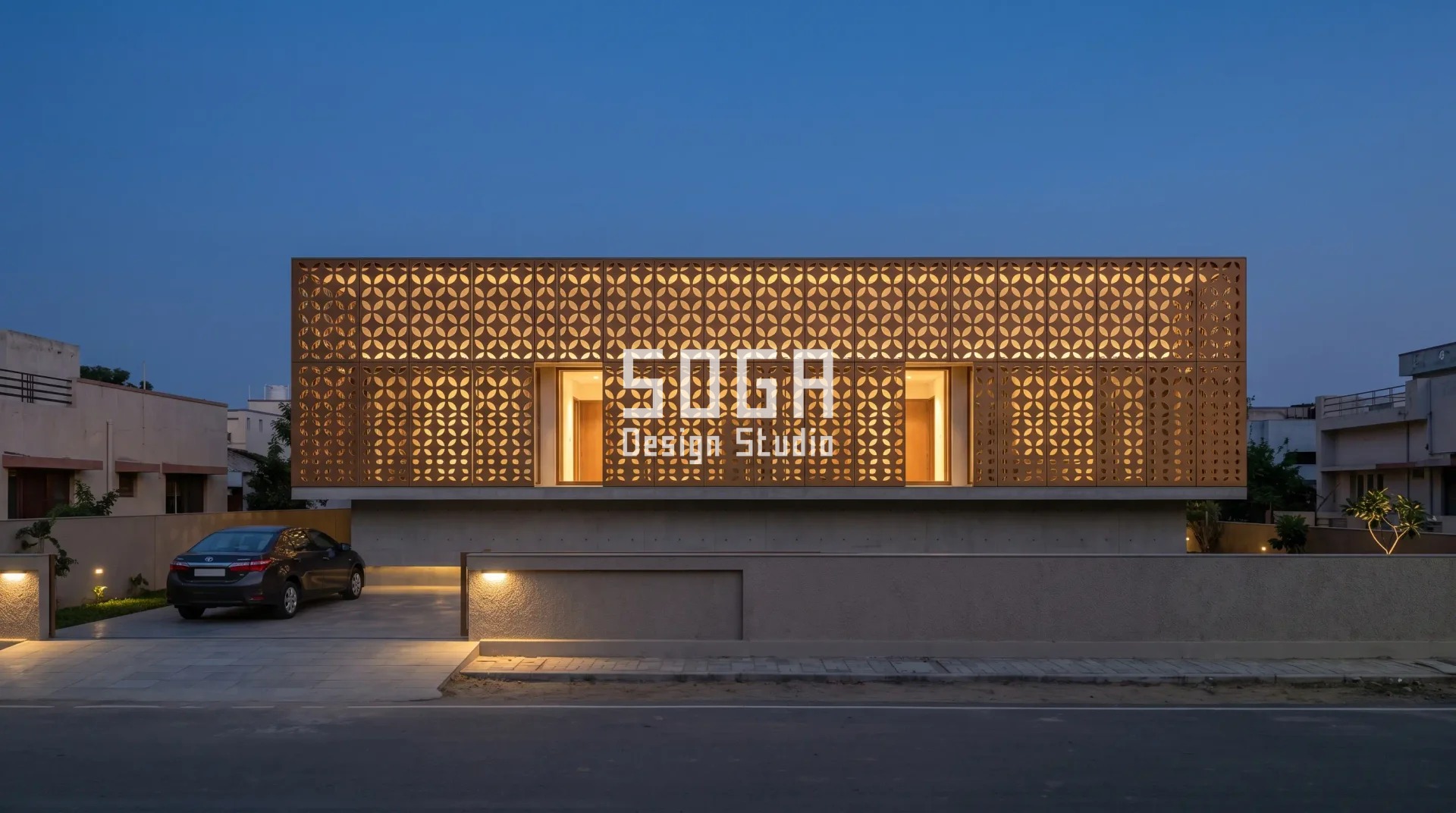 Front Elevation Design for Single Floor House : Simple & Modern Ideas 3 single floor house with SOGA perforated metal jaali screen glowing at dusk India