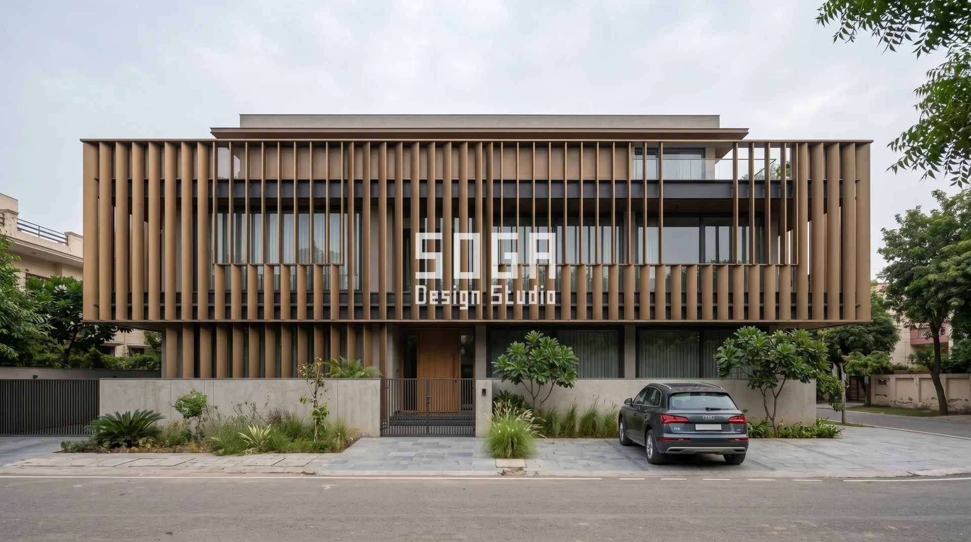 Front Elevation Design for Single Floor House : Simple & Modern Ideas 4 single floor home front elevation with SOGA vertical metal fin facade India
