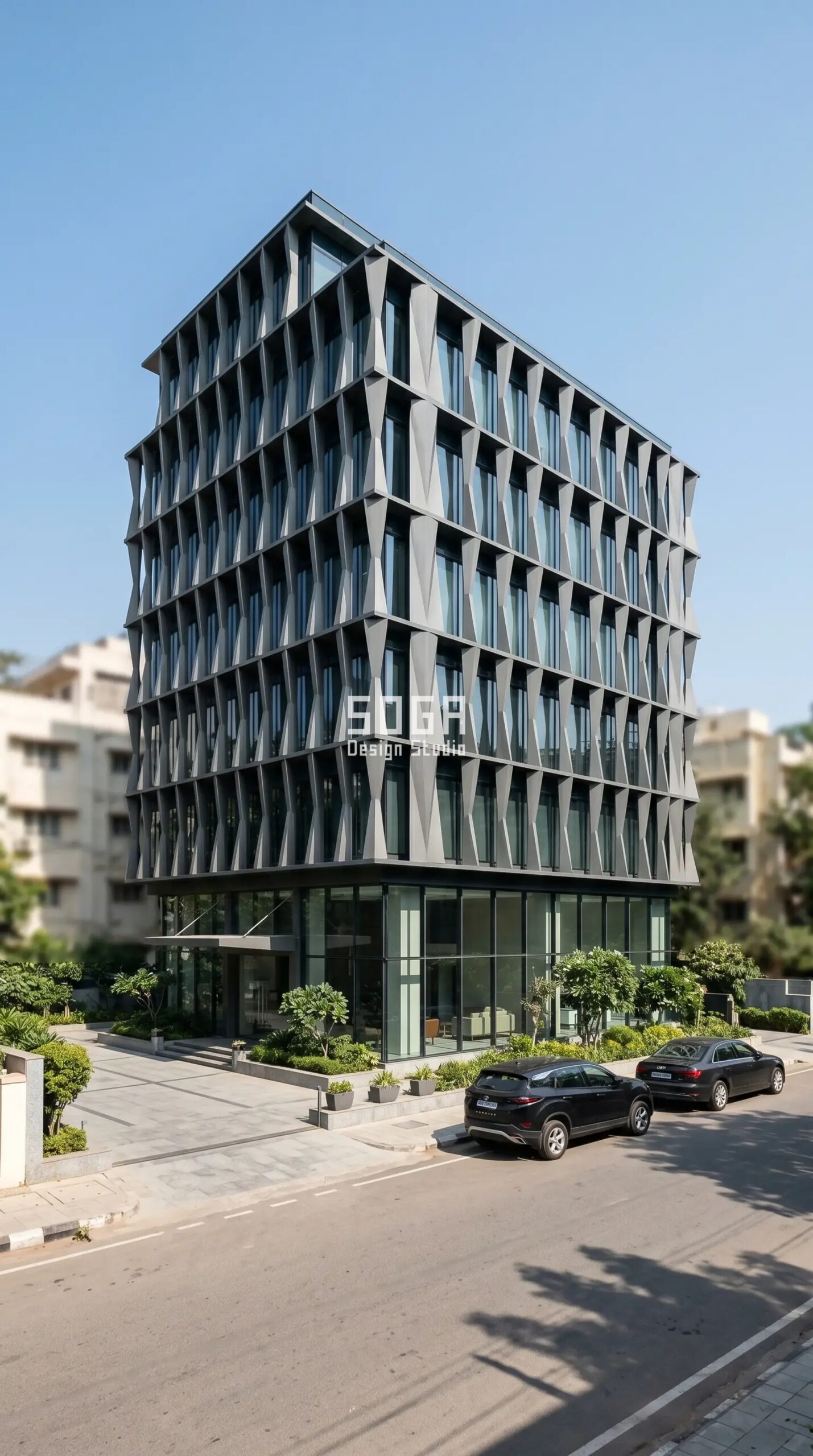 Glass Facade Design for Commercial Buildings in India: Cost, Heat & Alternatives 5 glass facade design commercial building with external metal fin shading Bengaluru India