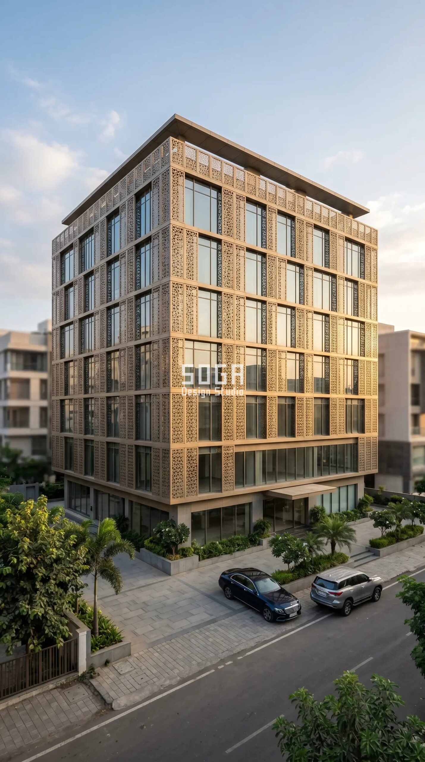 glass commercial facade wrapped in SOGA perforated metal jaali screen Pune India