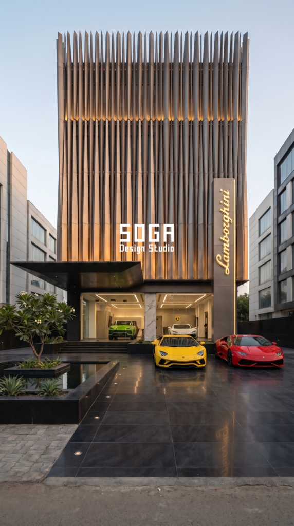 Luxury Car Showroom Facade Design in India: Concepts by SOGA Design Studio 1 Luxury Lamborghini car showroom facade design in India by SOGA Design Studio