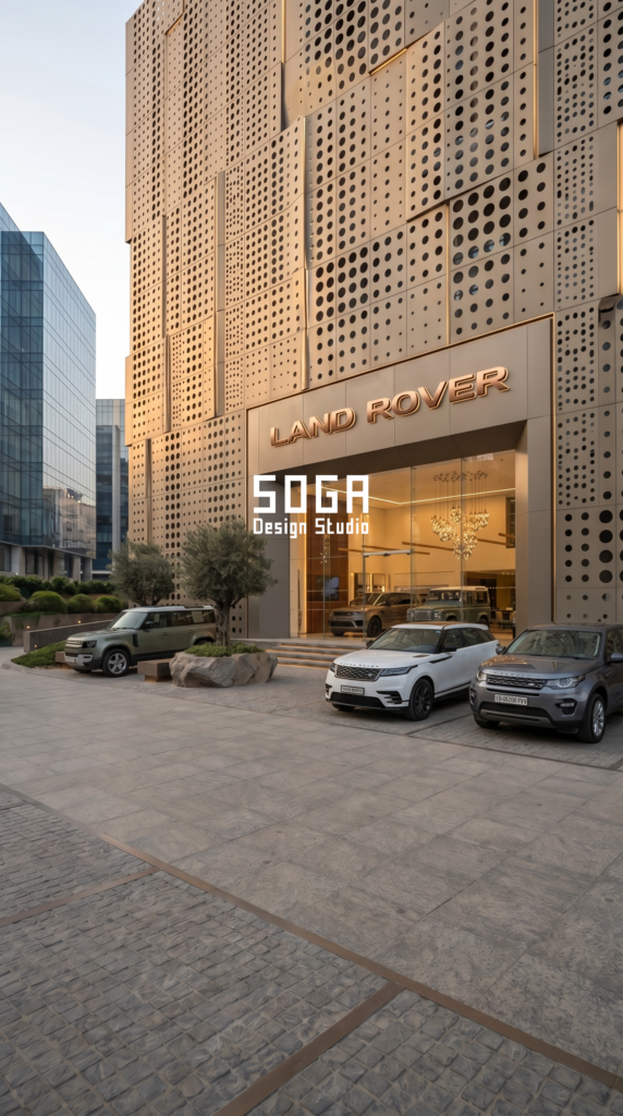 Luxury Car Showroom Facade Design in India: Concepts by SOGA Design Studio 3 Premium Land Rover car showroom facade design in India with perforated metal screen