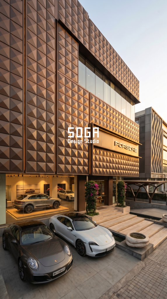 Luxury Car Showroom Facade Design in India: Concepts by SOGA Design Studio 2 Modern Porsche car showroom facade design concept with geometric metal cladding