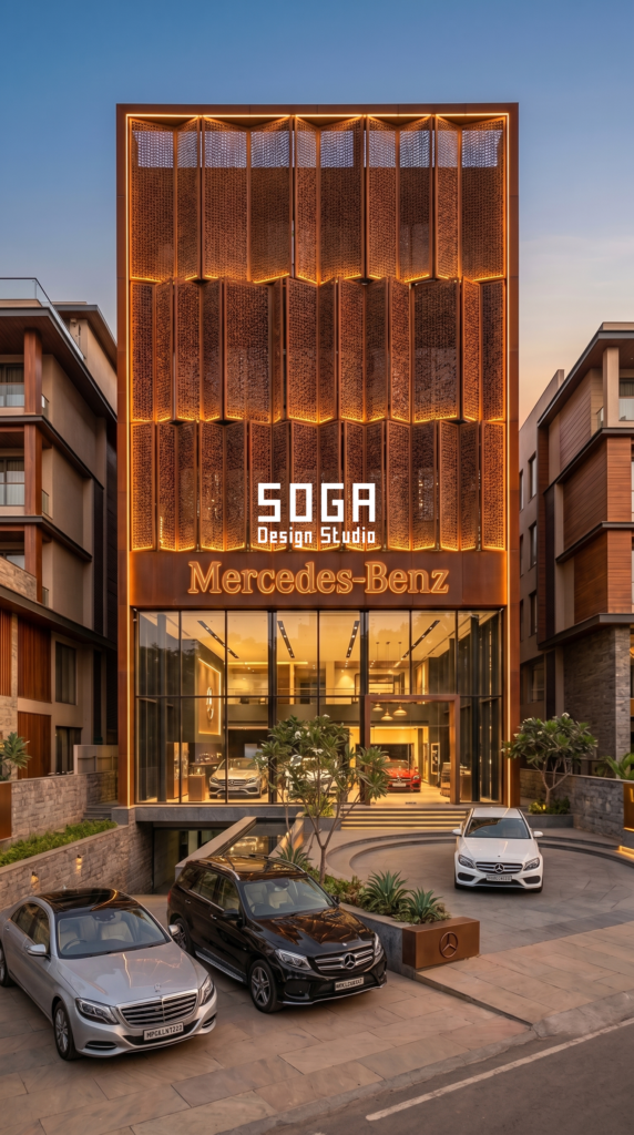 Luxury Car Showroom Facade Design in India: Concepts by SOGA Design Studio 4 Illuminated luxury car showroom facade concept design at night by SOGA Design Studio