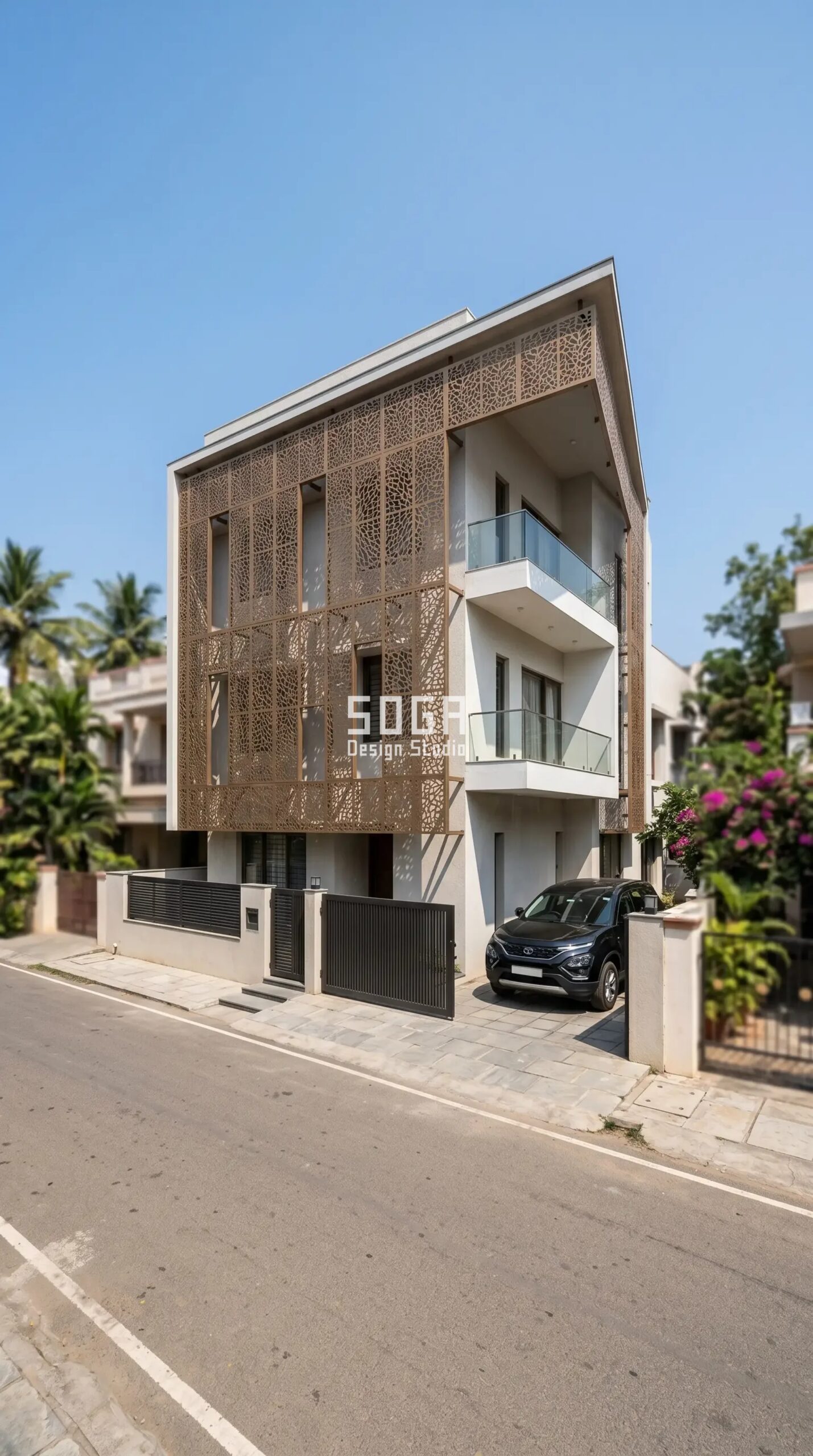 House Facade Design: Exterior Ideas That Beat the Indian Heat 3 house facade with SOGA perforated jaali shading screen Chennai India