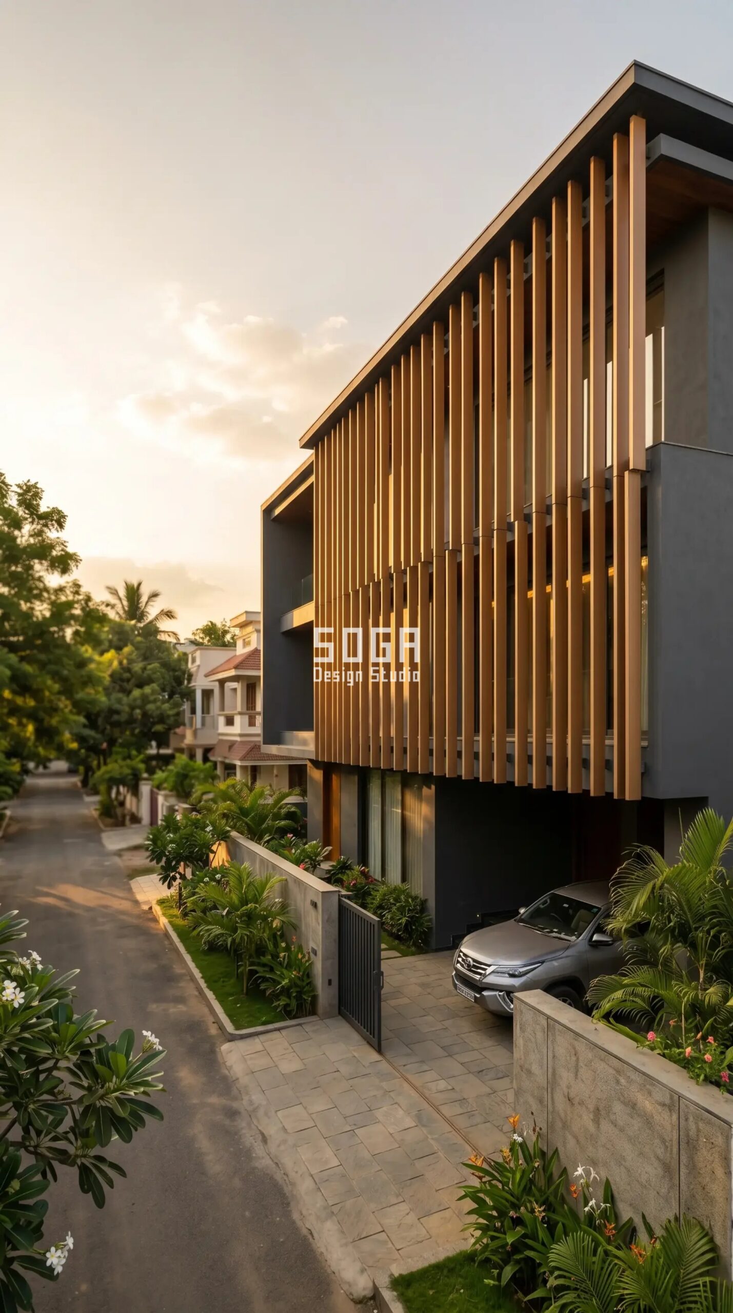 House Facade Design: Exterior Ideas That Beat the Indian Heat 4 house facade with SOGA vertical metal fin shading second skin India
