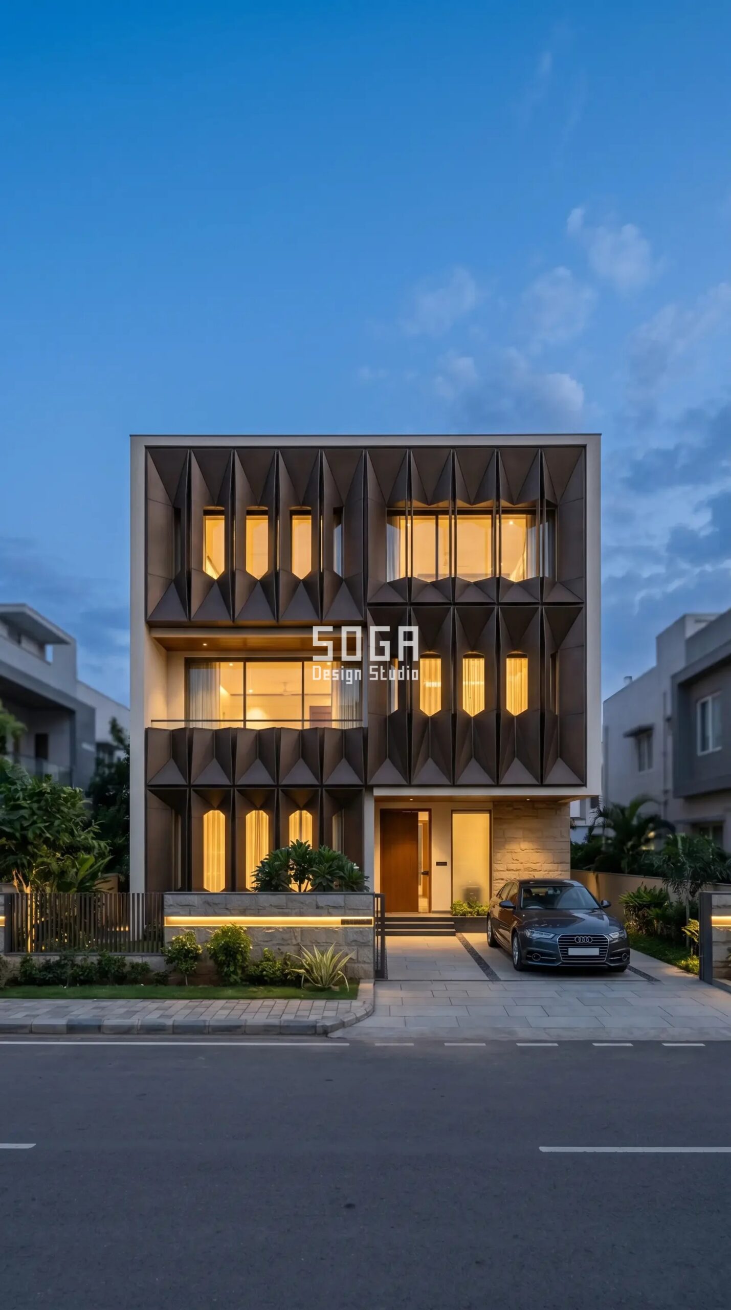 House Facade Design: Exterior Ideas That Beat the Indian Heat 5 modern house facade with SOGA faceted metal panels self-shading at dusk India