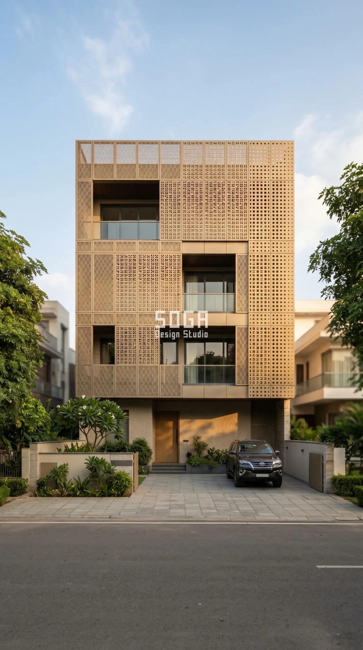 House Facade Design: Exterior Ideas That Beat the Indian Heat 6 SOGA Design Studio parametric shingle facade denser on sun side heat control India