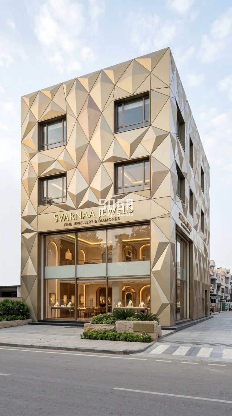 Jewellery Showroom Elevation Design in India: 4 Parametric Metal Facade Ideas (2026) 2 SVARNAA JEWELS jewellery showroom elevation in Delhi — SogaGrid 3D diamond-faceted champagne-gold panels by SOGA Design Studio