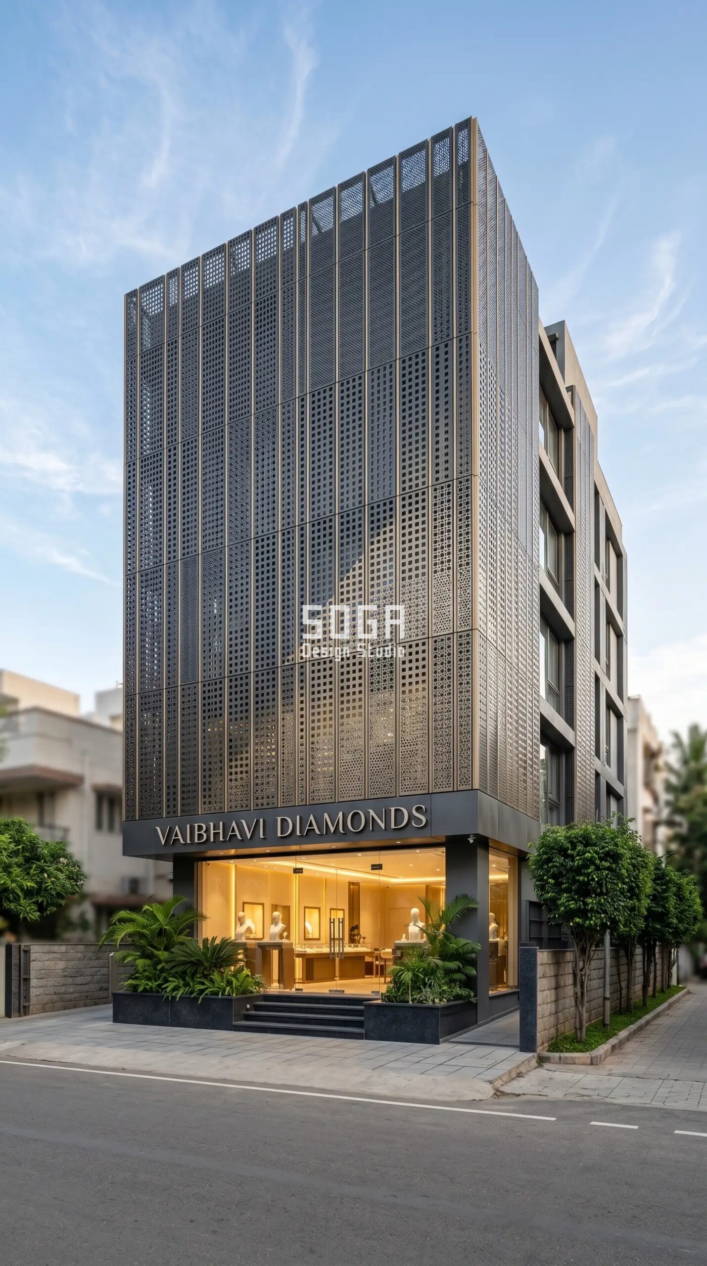 Gold & Diamond Showroom Facade Design Ideas in India: 4 Parametric Concepts (2026) 1 VAIBHAVI DIAMONDS gold and diamond showroom facade in Bangalore — SogaPulse density-varying parametric metal screen by SOGA Design Studio