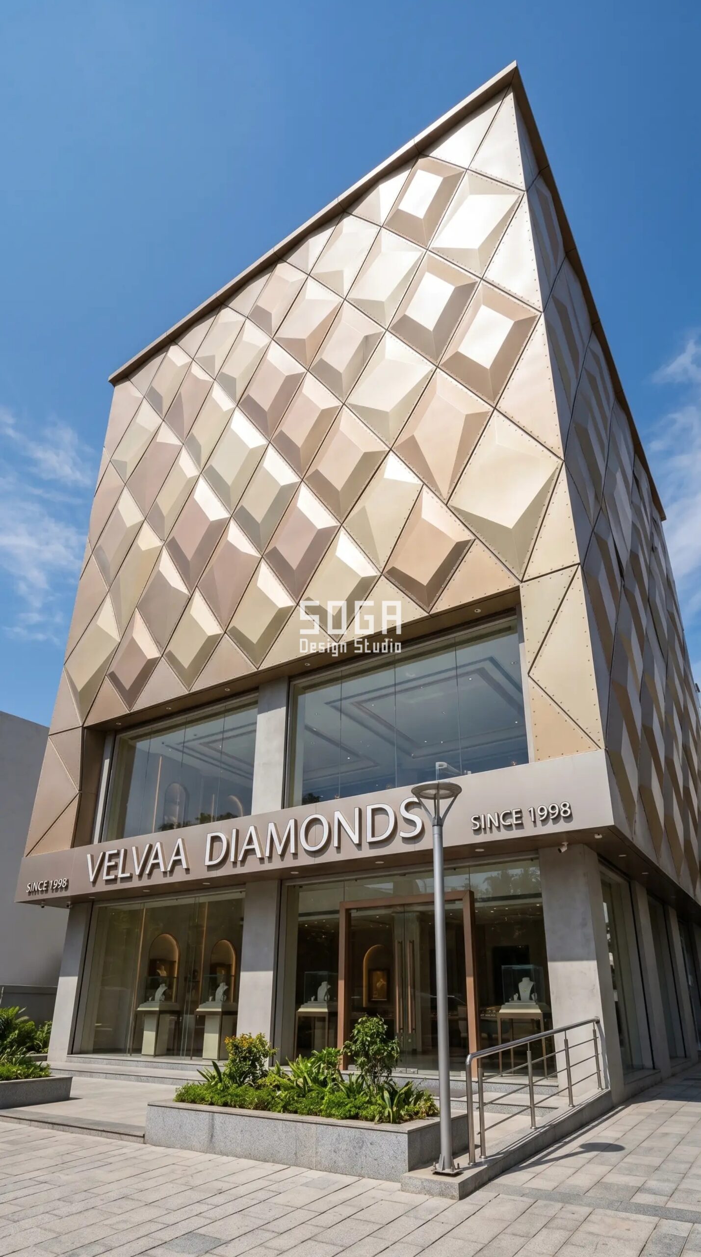 Gold & Diamond Showroom Facade Design Ideas in India: 4 Parametric Concepts (2026) 4 VELVAA DIAMONDS diamond showroom facade in Coimbatore — SogaGrid 3D diamond-faceted champagne-gold panels by SOGA Design Studio