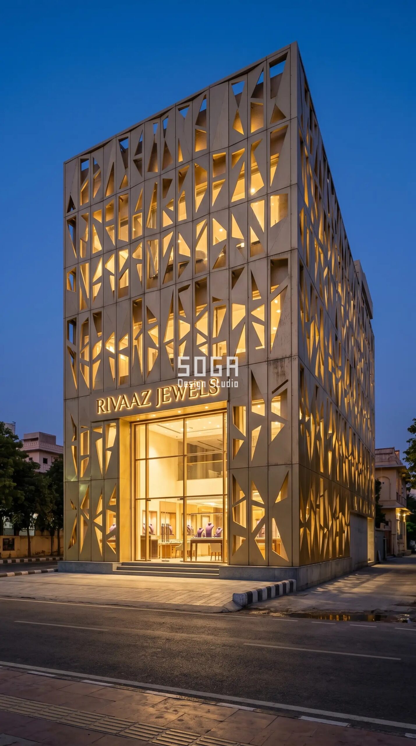 Jewellery Showroom Facade Design in India: 4 Parametric Metal Facade Concepts (2026) 1 RIVAAZ JEWELS jewellery showroom facade in Jaipur — SogaScreen parametric champagne-gold metal screen by SOGA Design Studio