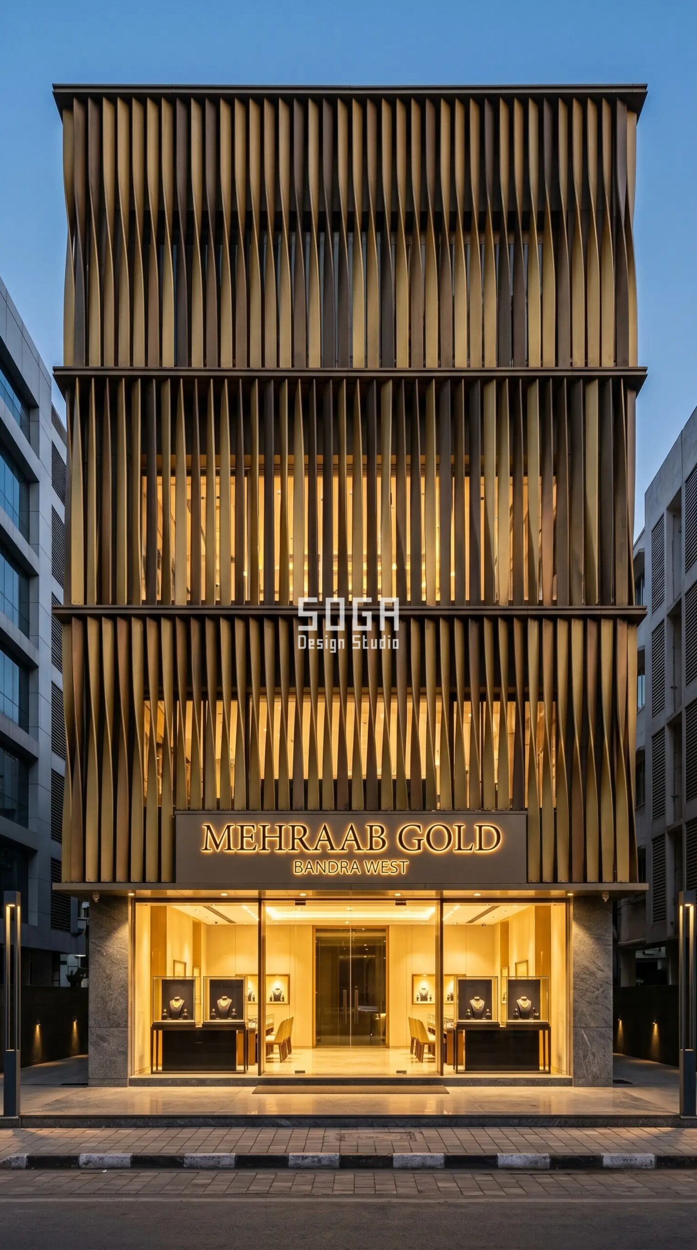 Jewellery Showroom Facade Design in India: 4 Parametric Metal Facade Concepts (2026) 2 MEHRAAB GOLD jewellery showroom facade in Mumbai — SogaWeave twisted gold-bronze metal fins by SOGA Design Studio