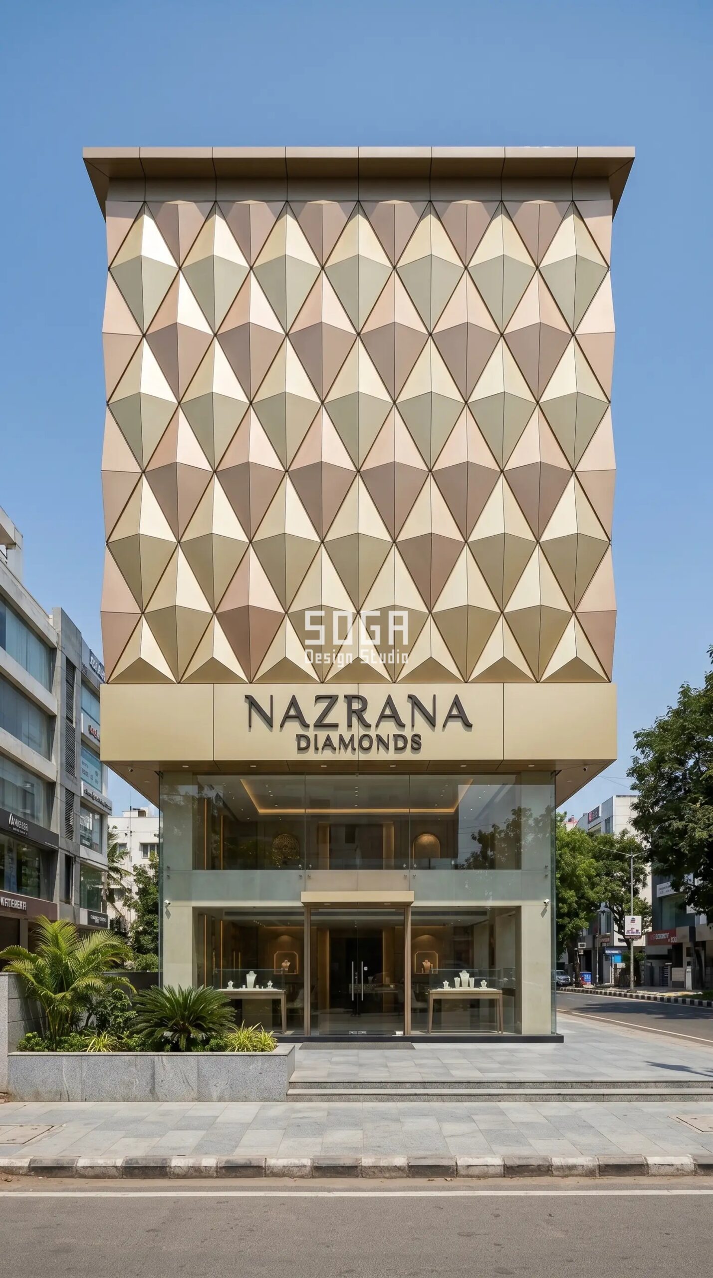 Jewellery Showroom Facade Design in India: 4 Parametric Metal Facade Concepts (2026) 3 NAZRANA DIAMONDS jewellery showroom facade in Hyderabad — SogaGrid 3D diamond-faceted gold panels by SOGA Design Studio