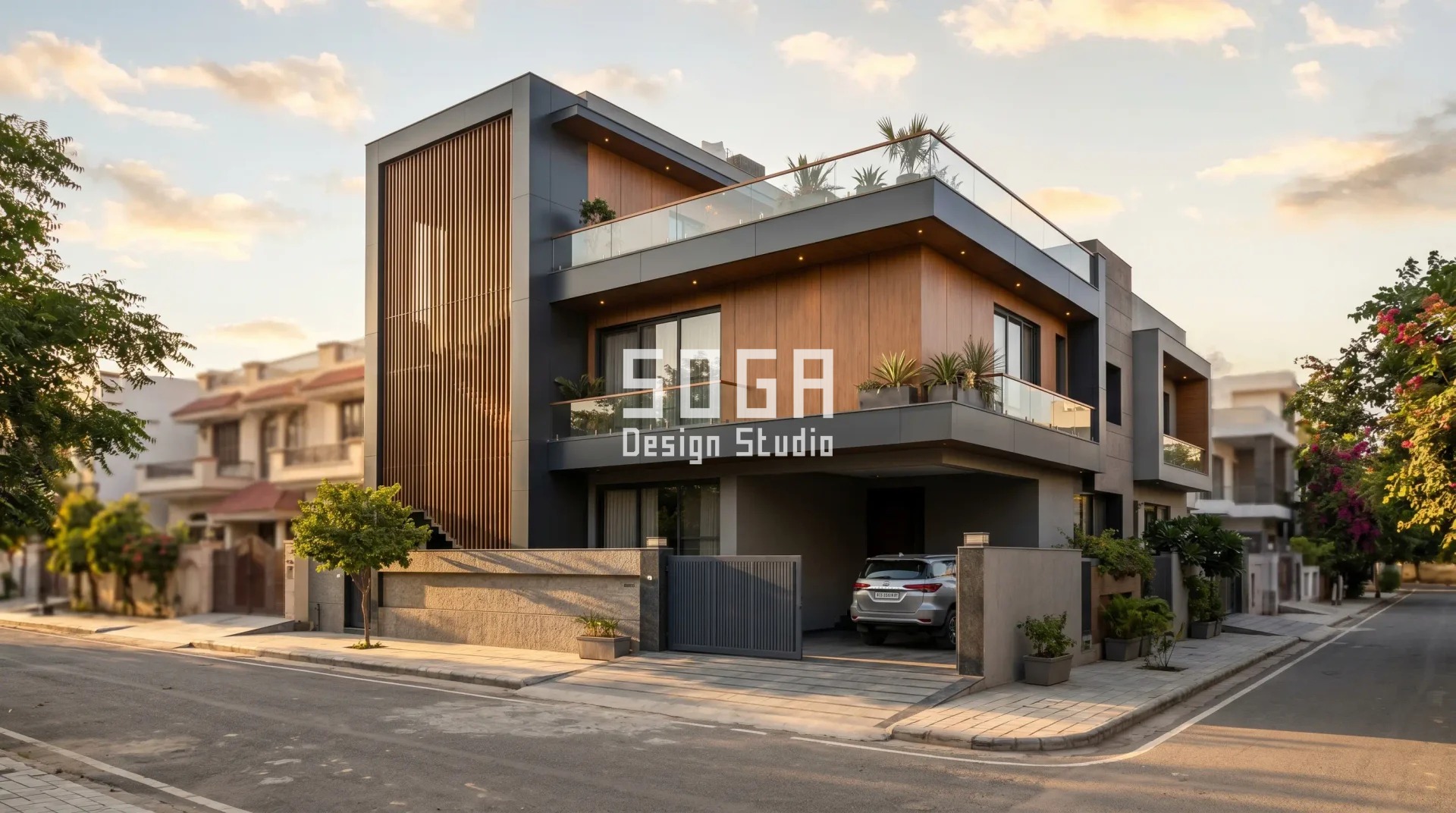 Modern ACP Sheet Front Elevation Design: 20 Ideas + 2026 Price Guide 2 dual-tone ACP front elevation with SOGA parametric metal screen Jaipur India
