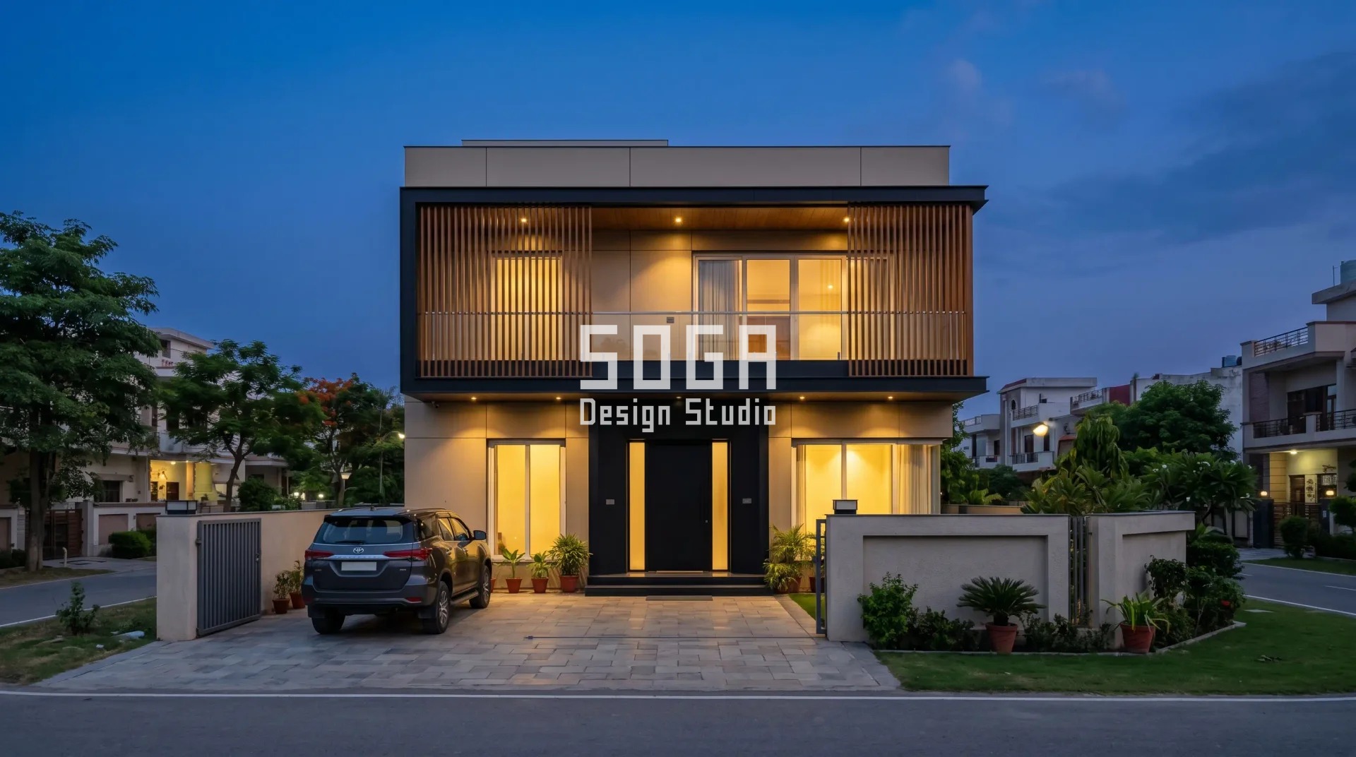 Modern ACP Sheet Front Elevation Design: 20 Ideas + 2026 Price Guide 3 ACP front elevation with black entrance portal lit at dusk Lucknow India