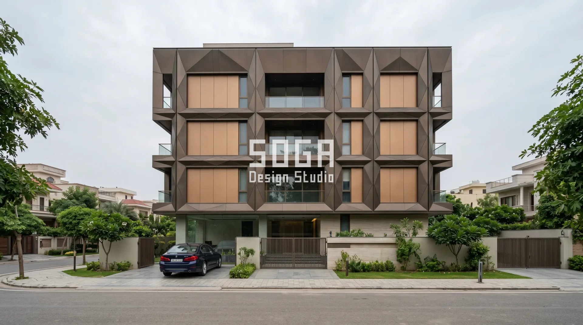 Modern ACP Sheet Front Elevation Design: 20 Ideas + 2026 Price Guide 4 SOGA Design Studio ACP facade with parametric diamond metal panels India