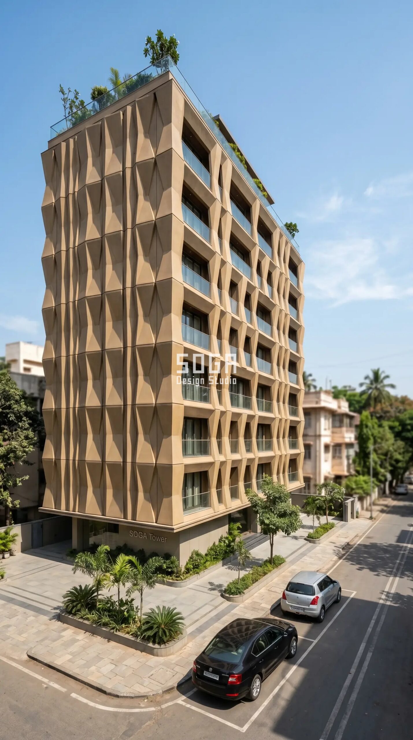 Parametric Facade Design in India: Process, Cost & Real Projects 2 SOGA parametric GFRC sculptural panel facade full building Mumbai India