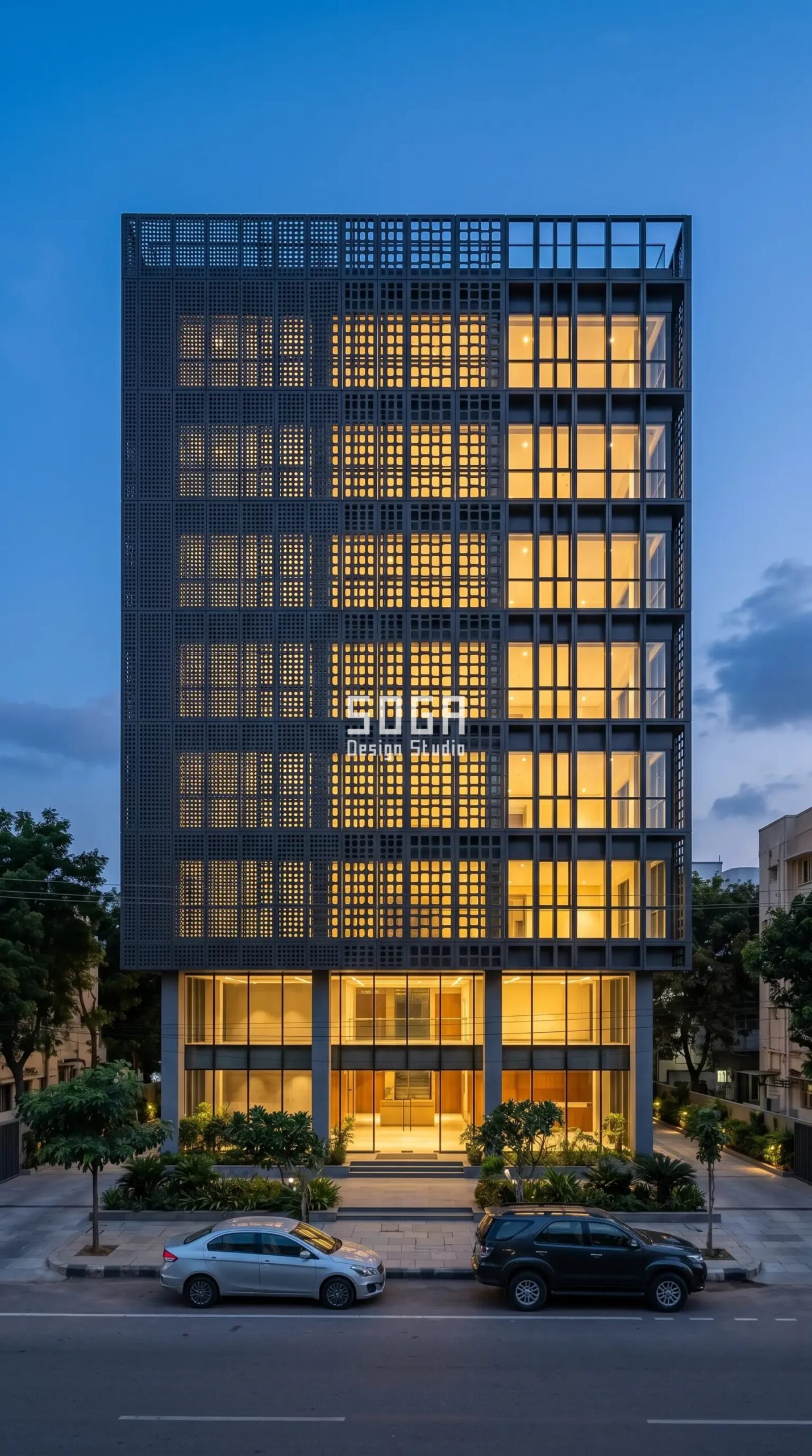 Parametric Facade Design in India: Process, Cost & Real Projects 3 flowing parametric metal screen facade rippling density at dusk Hyderabad India