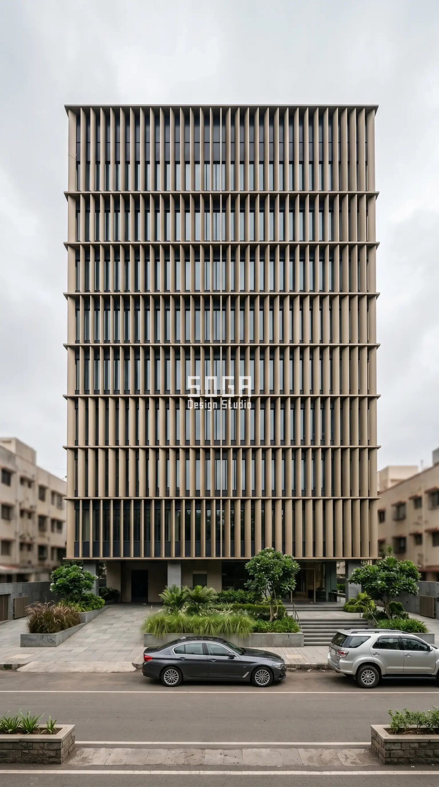 Parametric Facade Design in India: Process, Cost & Real Projects 4 SOGA parametric vertical metal fin facade rhythmic array India