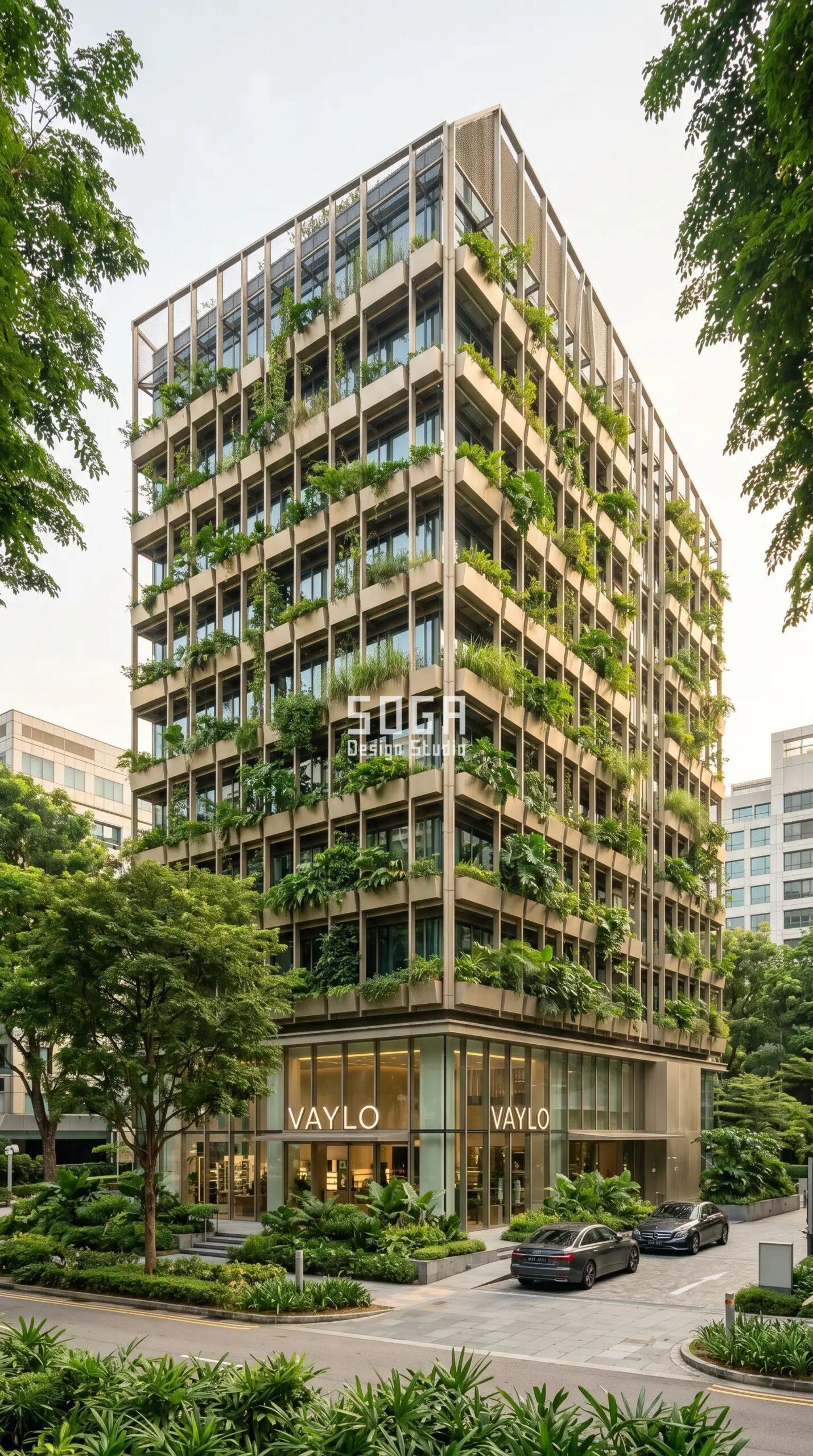 Sustainable Facade Design in Singapore 2026: Concepts 3 SogaVerde biophilic green planter-tray parametric facade concept, sustainable mixed-use building Orchard Road Singapore - SOGA Design Studio