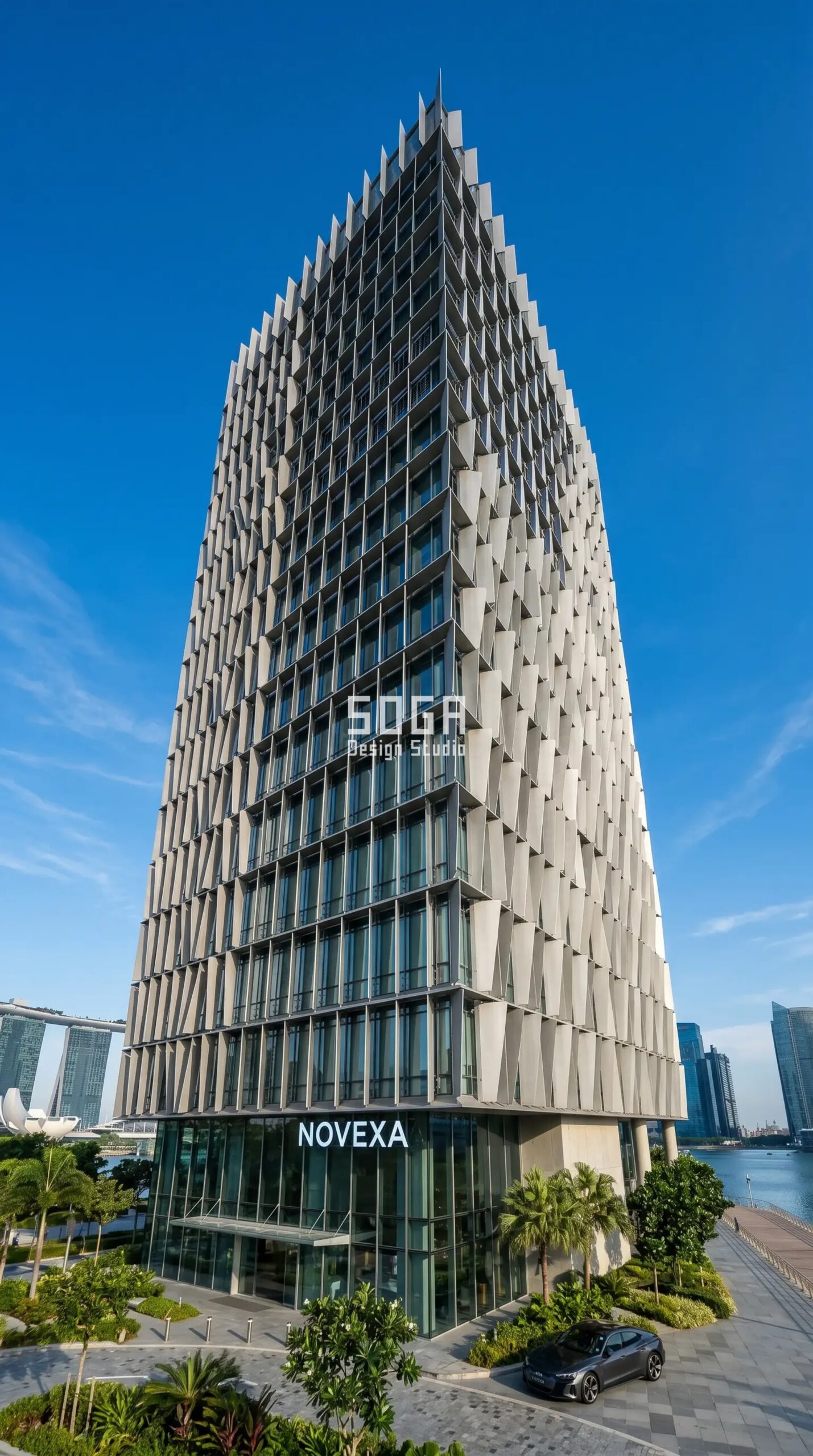 Sustainable Facade Design in Singapore 2026: Concepts 4 SogaSolaris solar-shading photovoltaic fin parametric facade concept, sustainable office tower Marina Bay Singapore - SOGA Design Studio