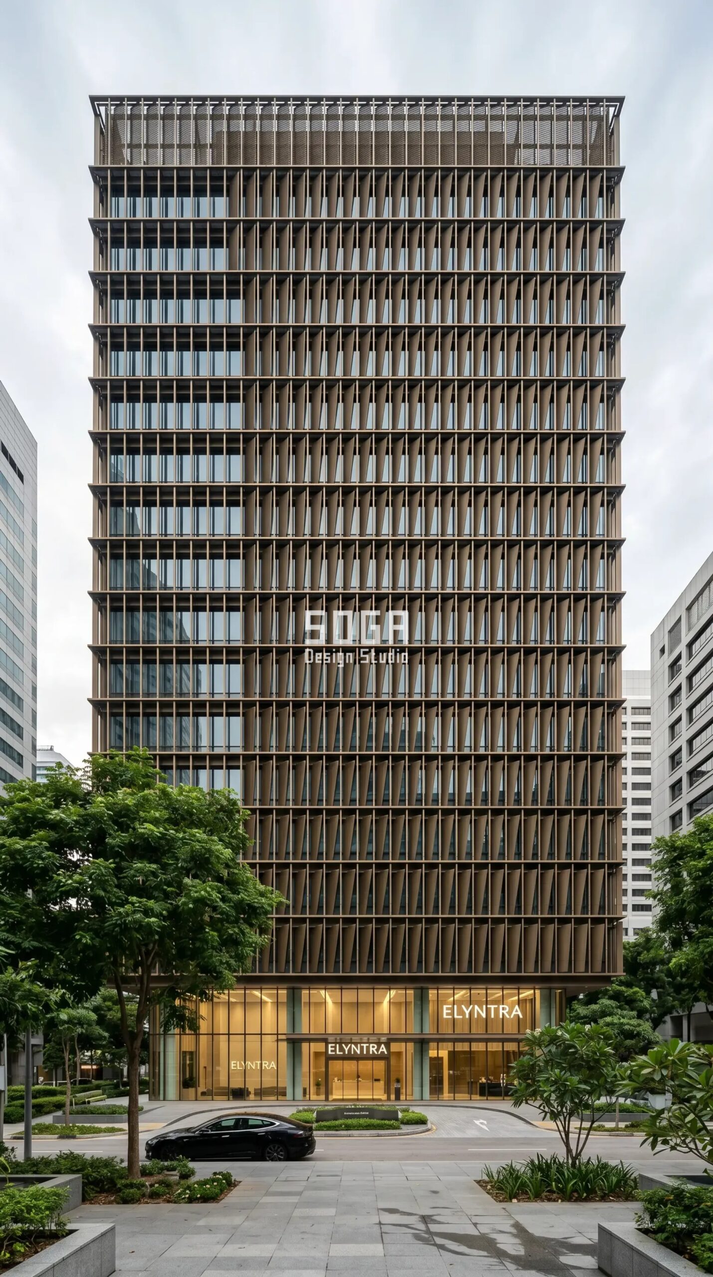 Sustainable Facade Design in Singapore 2026: Concepts 5 SogaAira ventilated double-skin louvre parametric facade concept, low-energy headquarters Raffles Place Singapore - SOGA Design Studio