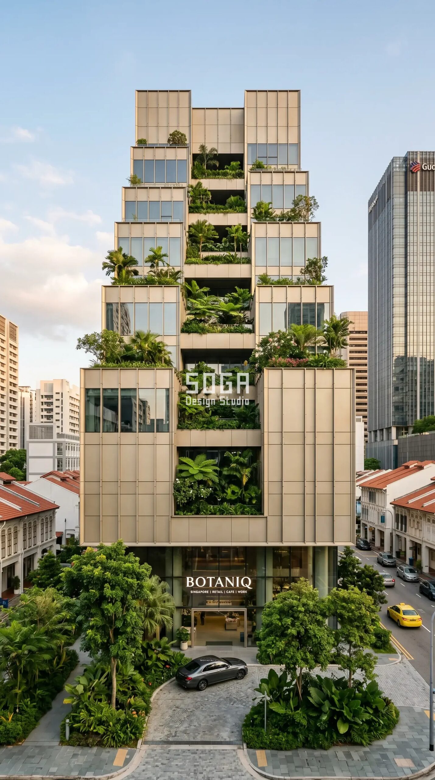 Sustainable Facade Design in Singapore 2026: Concepts 6 SogaTerra stepped sky-terrace parametric facade concept, sustainable mixed-use building Tanjong Pagar Singapore - SOGA Design Studio