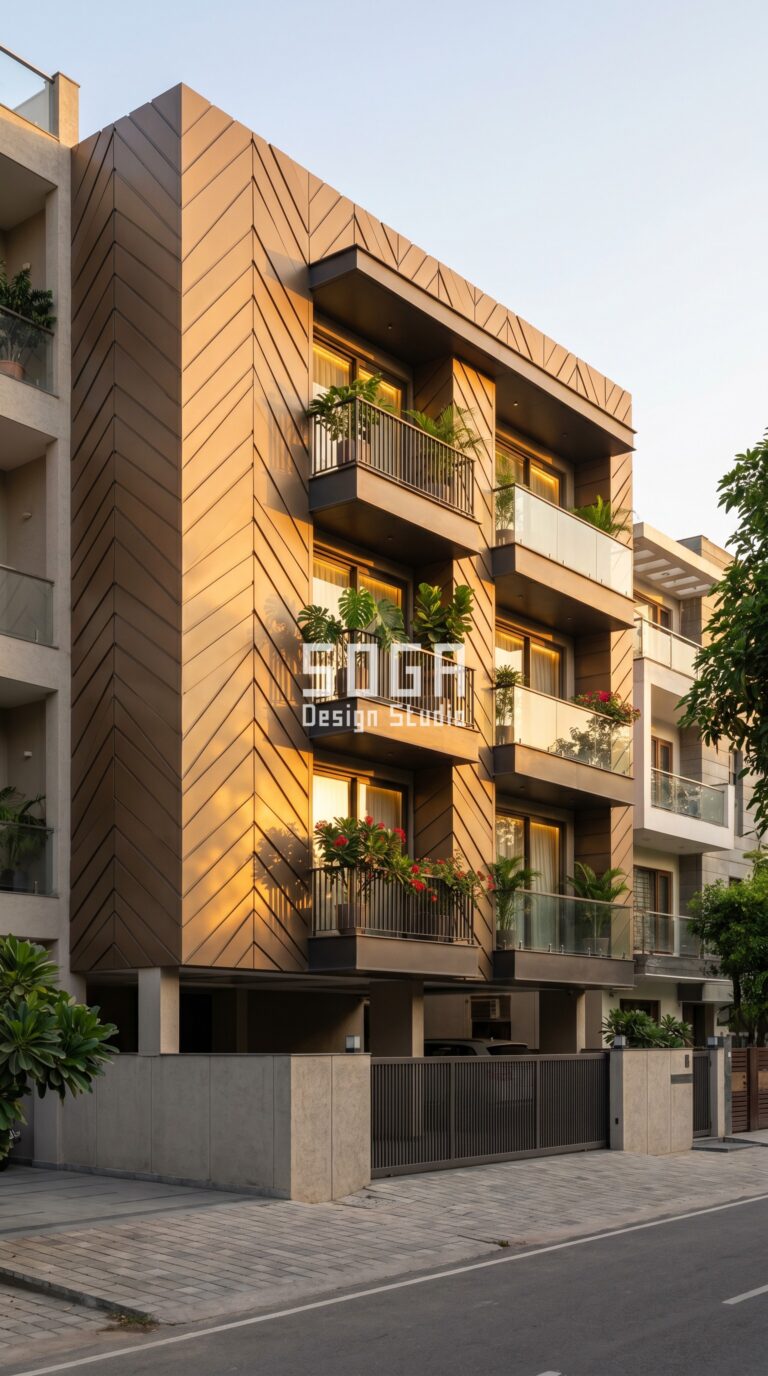 Facade Design in India 2026: Chandigarh Parametric Metal Facade Guide 2 bold chevron herringbone pattern embosse parametric facade Chandigarh - SOGA Design Studio