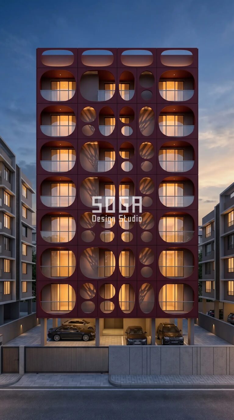 Mumbai Facade Design 2026: Parametric Metal Facade Concepts 2 oversized circular and oval cutout perfo parametric facade Mumbai - SOGA Design Studio