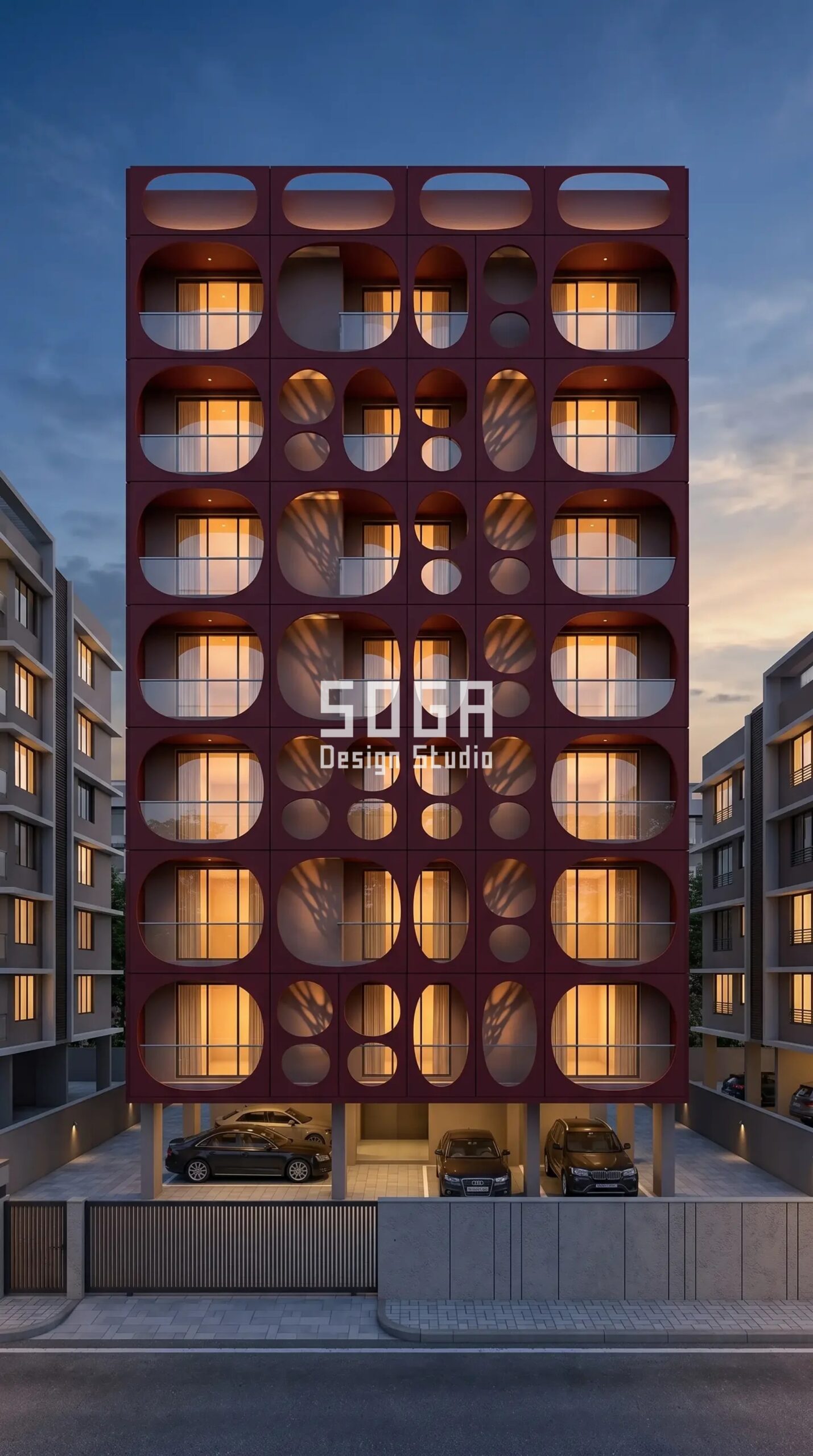 Mumbai Facade Design 2026: Parametric Metal Facade Concepts 5 oversized circular and oval cutout perfo parametric facade Mumbai - SOGA Design Studio