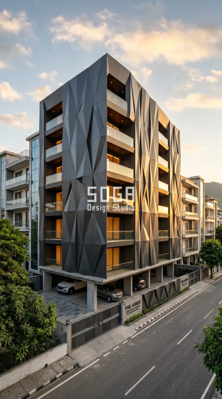 Parametric Facade Design in India 2026: Dehradun Metal Facade Guide 2 origami-fold precision metal panel facad parametric facade Dehradun - SOGA Design Studio