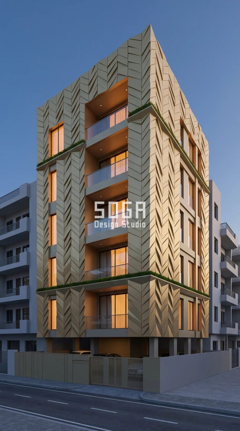 Facade Design in India 2026: Gurugram Parametric Metal Facade Guide 2 bold chevron herringbone pattern embosse parametric facade Gurugram - SOGA Design Studio