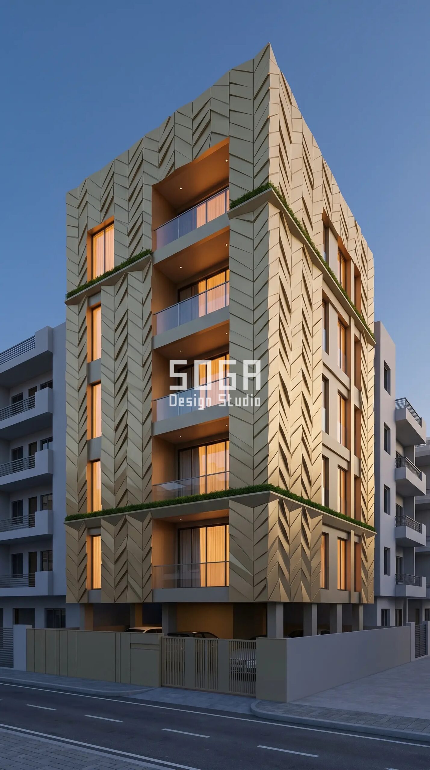 Facade Design in India 2026: Gurugram Parametric Metal Facade Guide 2 bold chevron herringbone pattern embosse parametric facade Gurugram - SOGA Design Studio