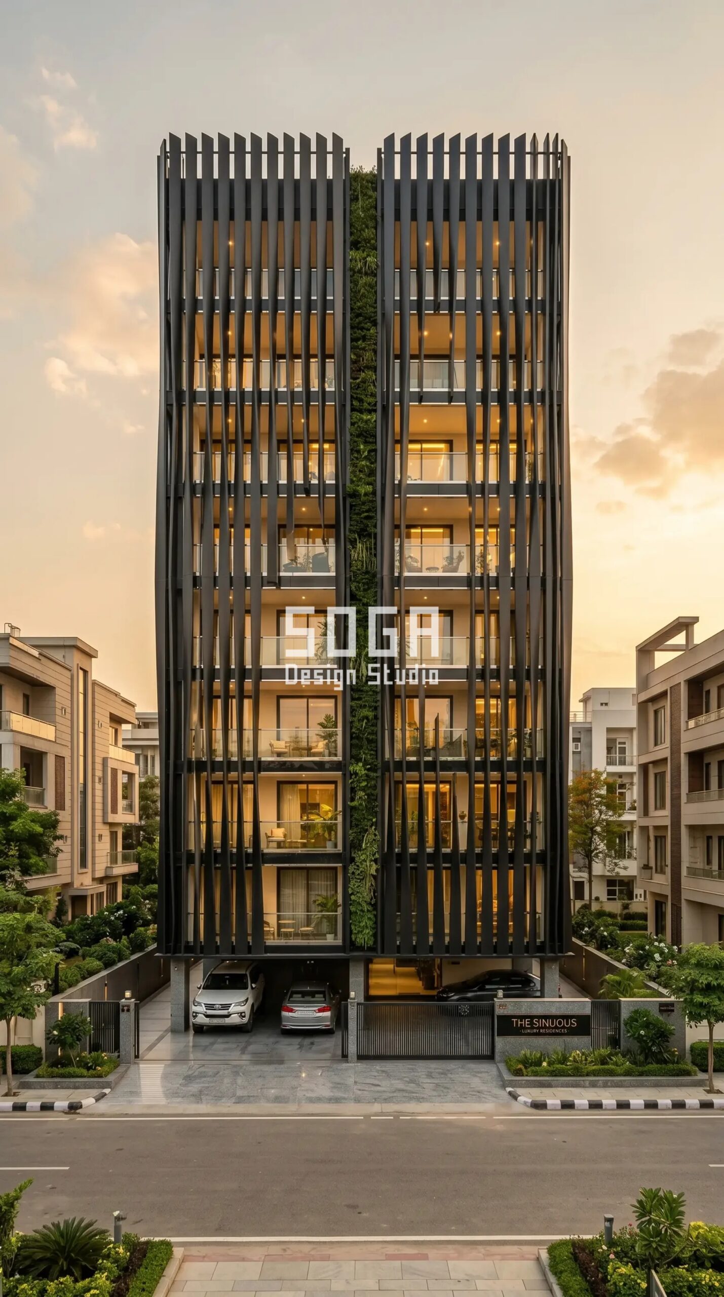 Facade Design in India 2026: Gurugram Parametric Metal Facade Guide 4 bold chevron herringbone patte parametric facade Gurugram - SOGA Design Studio
