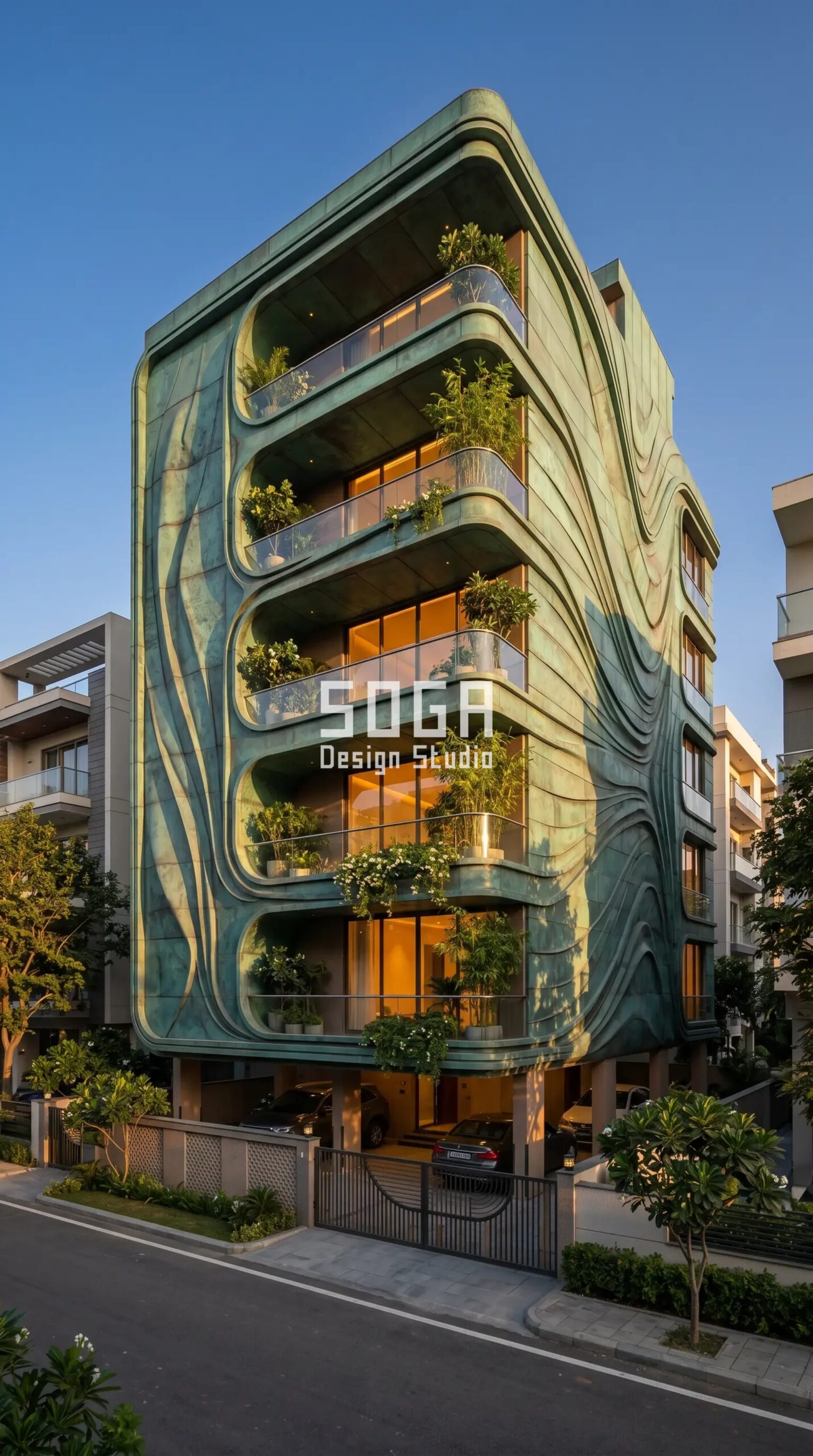 Best Facade Design in New Delhi 2026: Parametric Metal Facade Ideas 1 deep-set recessed balconies framed by th parametric facade New Delhi - SOGA Design Studio